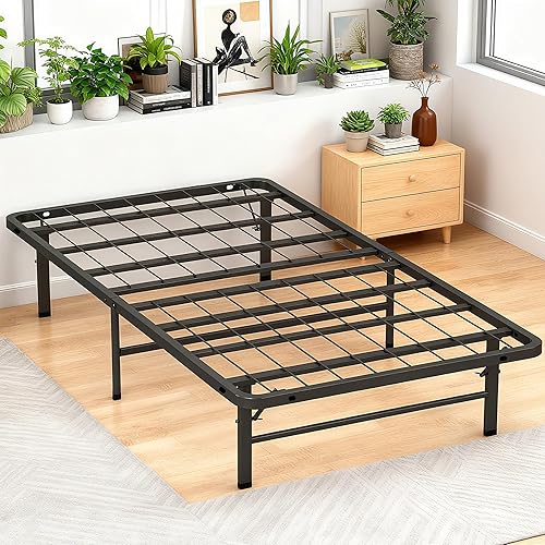 Miniatura 31 de Marco de cama de metal corto Queen con plataforma de metal plegable, listones de acero recubiertos duraderos con instalación sin herramientas, sin