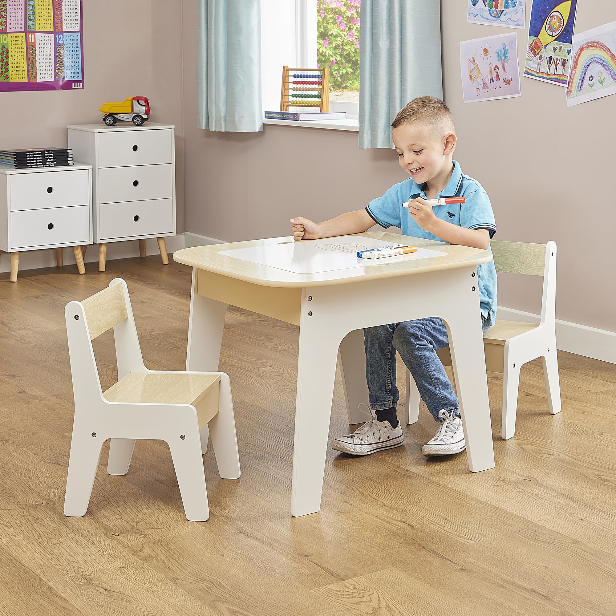 Liberty House Toys - Kids Storage Table and Chair Set - White and Wood - Small