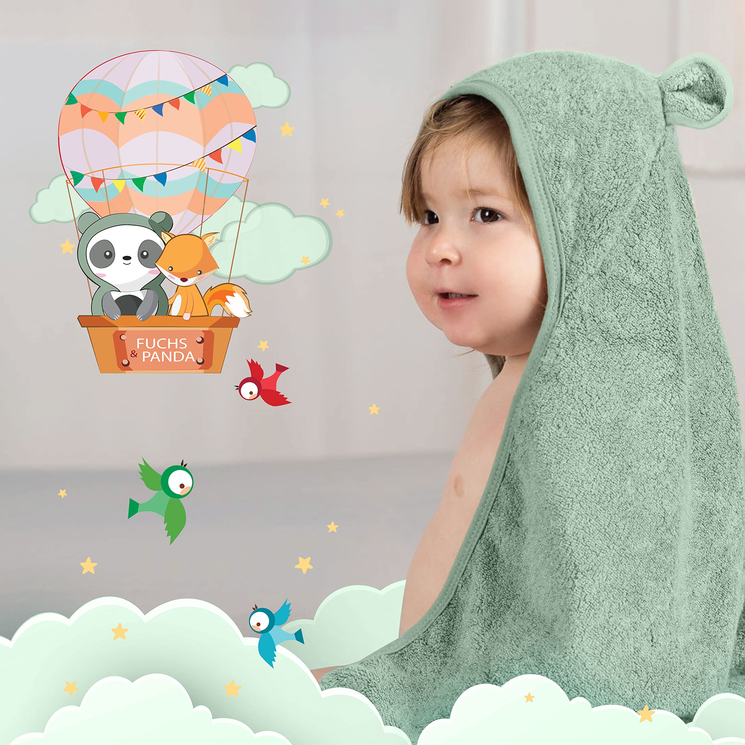 FUCHSUNDPANDA ® Kapuzenhandtuch Baby EXTRA dick, warm & weich | 75x75cm Babyhandtuch mit Kapuze (100% Bambus) | Baby Handtuch Kapuze mit toller Geschenkverpackung (Kupfer-grün)