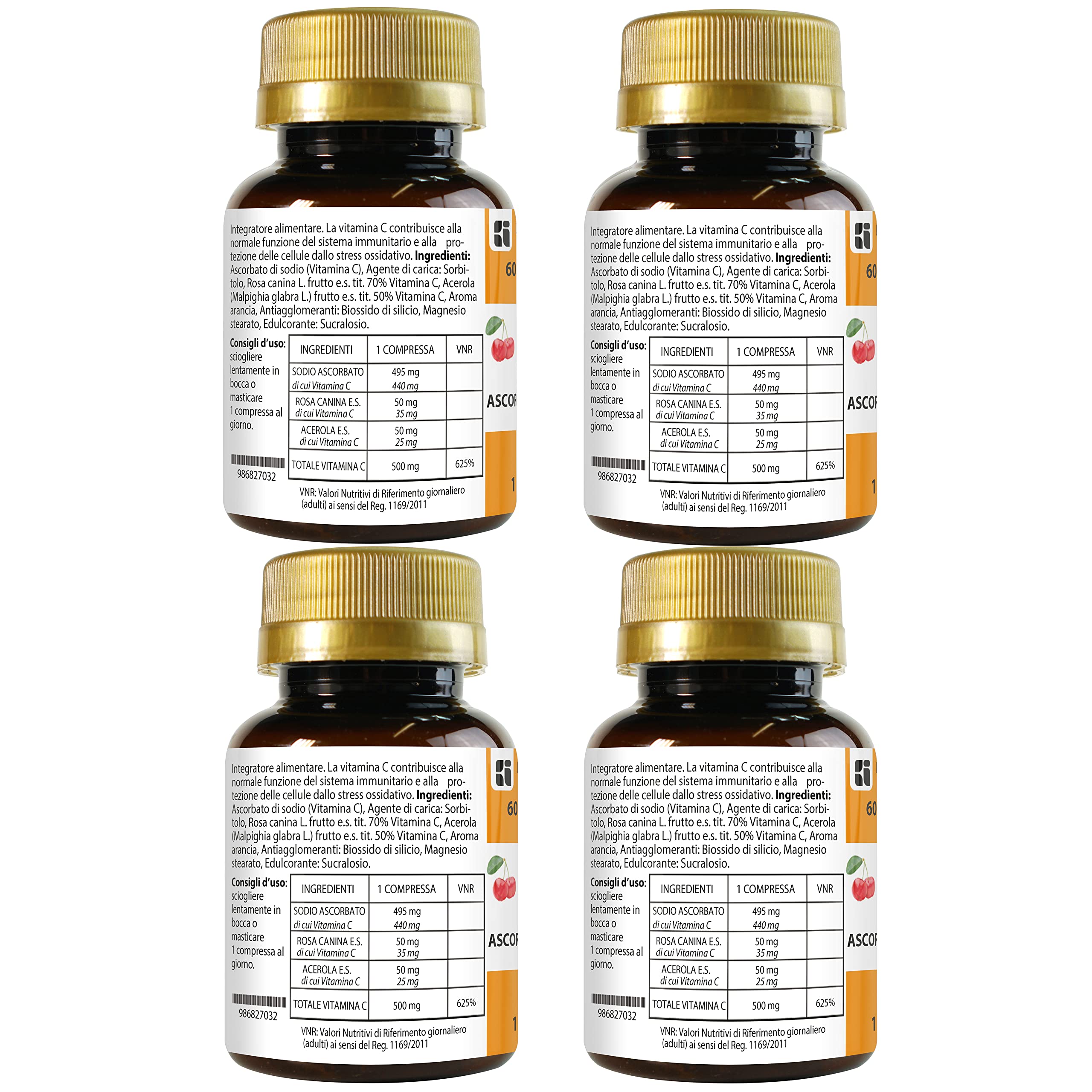 Vitamina C da Ascorbato Di Sodio Acerola e Rosa Canina 240 Compresse Masticabili 1 al dì | Senza Glutine e Lattosio | Meno Acida | Assorbimento più rapido | non di origine animale | 500 mg