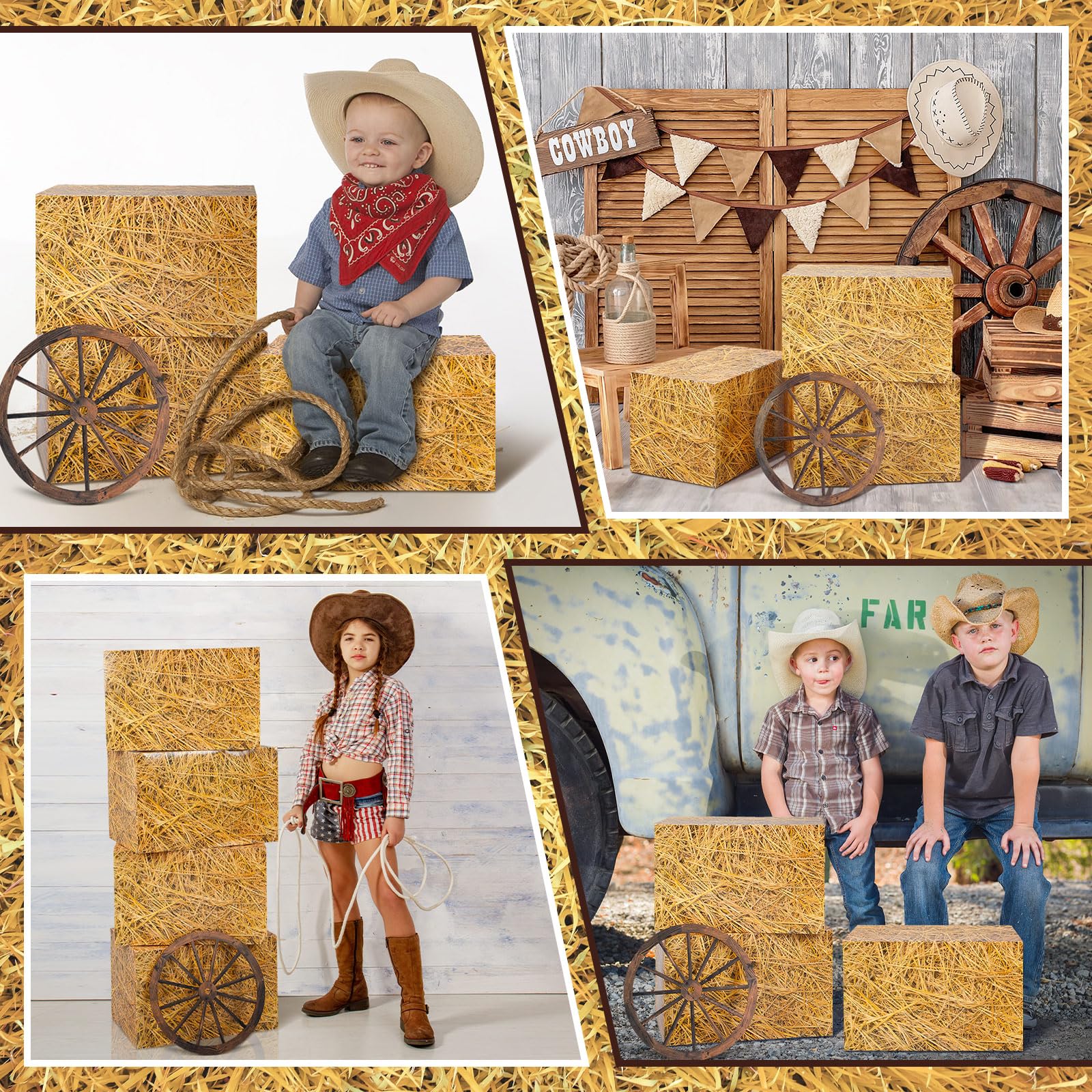 Outus 8 decorazioni per feste da cowboy includono 2 ruote rustiche in legno per carro 6 balle di fieno in paglia di grano, decorazioni occidentali per feste per foto puntelli compleanno autunno