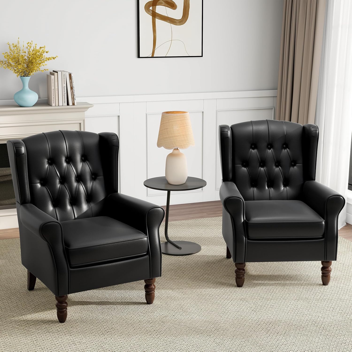 Mid-Century Modern Wingback Accent Chair - Luxe PU Faux Leather Upholstery with Solid Wood Legs, Ergonomic High Back Design - Water Resistant Living Room, Bedroom & Home Office Chair (Black)