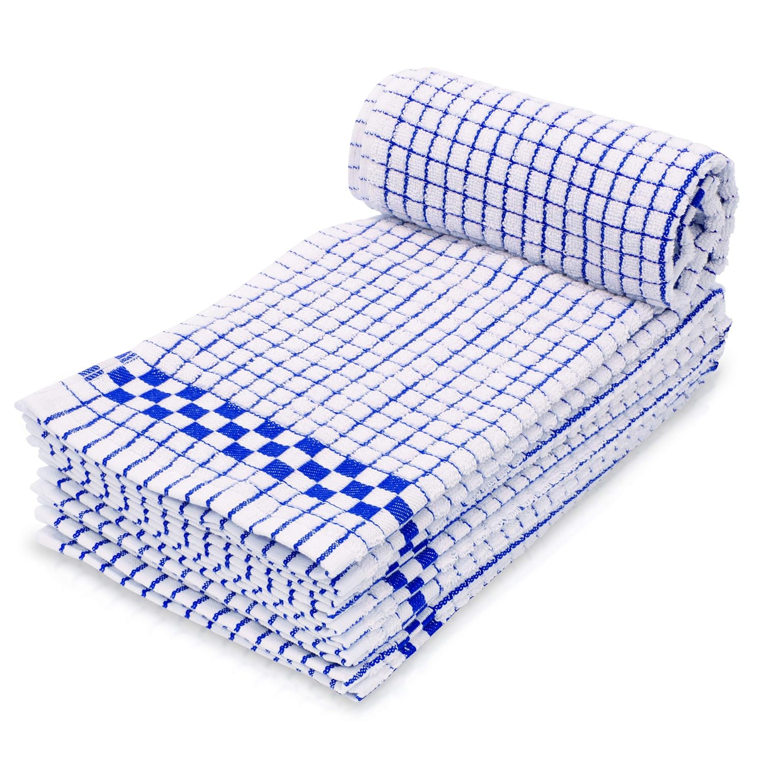 Neatly folded and rolled blue and white checkered dish towels