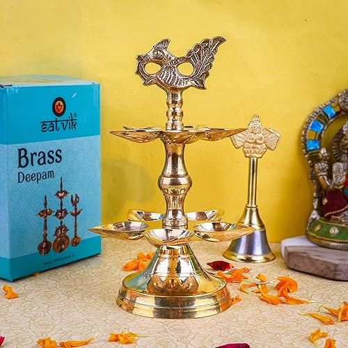 Miniatura 8 de SATVIK - 1 lámpara de aceite de latón Panchmukhi Peacock Kerala Samai Puja Diya Kutthu Vilakku Pooja 3 pasos Diya grabado diseño Deepak indio Diwali