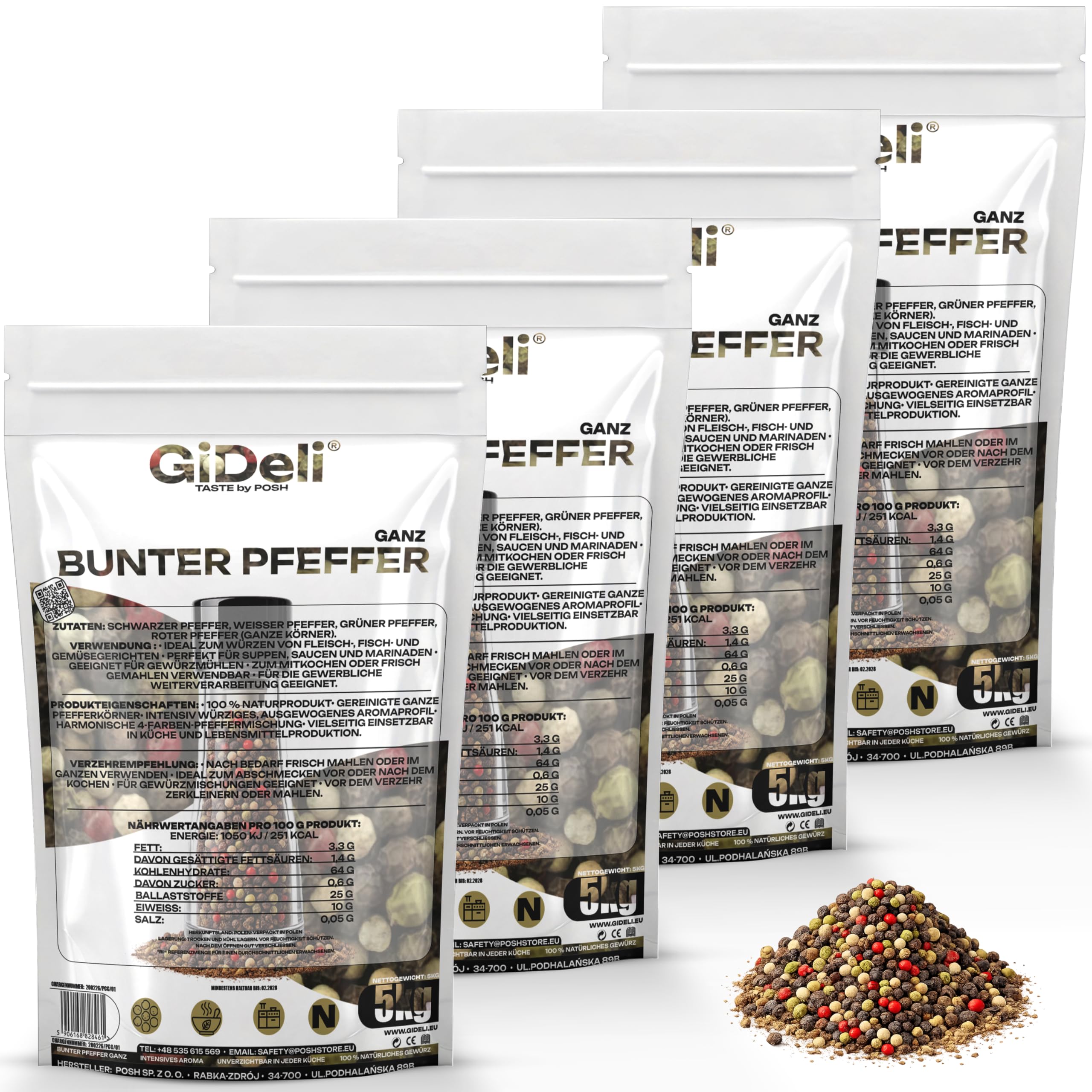 GiDeli Bunter Pfeffer Ganz 4 x 5kg - Aromatische Schwarze, Weiße, Rote und Grüne Pfefferkörner - Für Pfeffermühle und Mörser - Universell Einsetzbar - 100% Naturrein ohne Zusätze