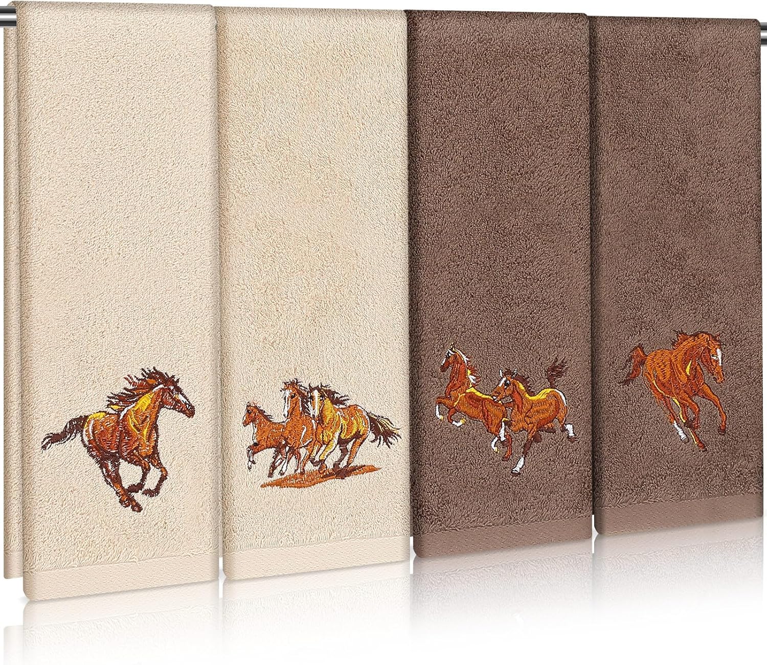 SmoothNovelty 4 Pcs Cowboy Hand Towels Western Brown Horse Towel Bathroom Decor 13" x 29" Cotton Embroidered Western Bath Towels Farmhouse Themed Gifts for Kitchen Bathroom Accessories