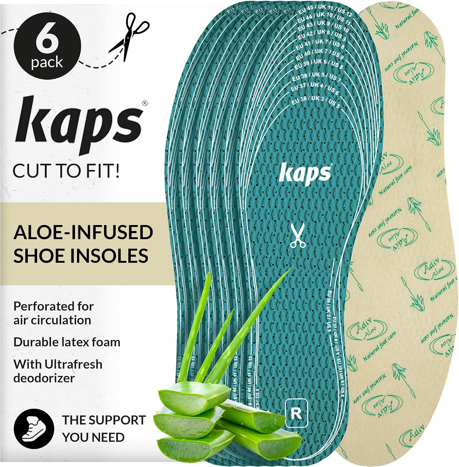 Kaps Adult Insoles with Shoe Odour Eliminator – Ultrafresh Shoe Insoles for Women & Men – Soothing Aloe-Infused for Boots, Sneakers, & Formalwear – Shoe Fresheners & Insoles