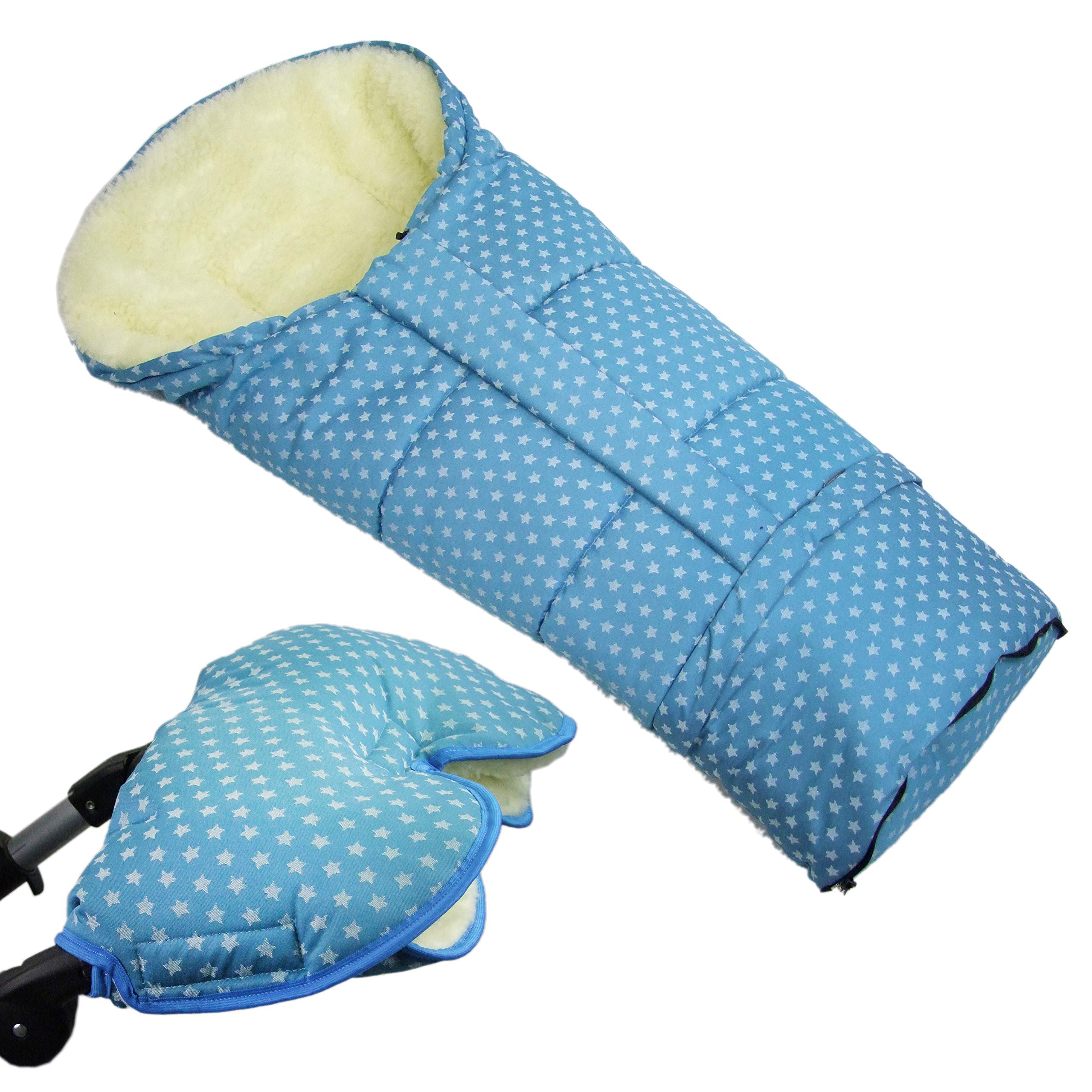 Bambiniwelt, offerta combinato MUFF + sacco a pelo invernale in lana d'agnello per passeggino, carrozzina, slitta, stelle turchesi XX