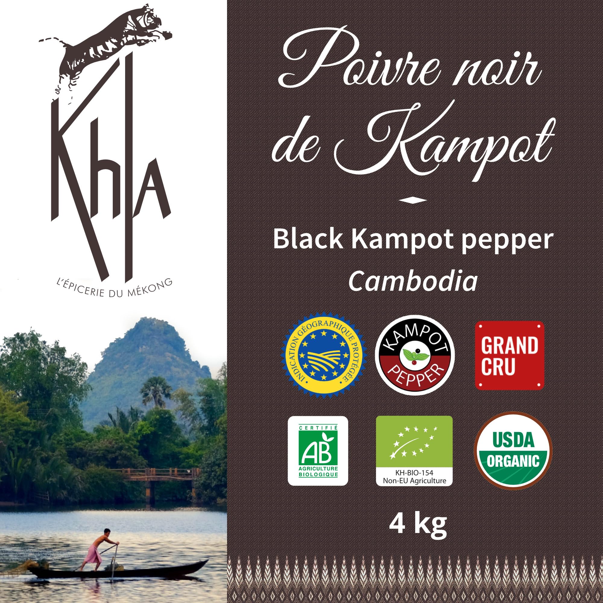 Khla - Poivre Noir de Kampot Certifié Bio 4 kg - Sachet Poivre en Grains Biologique - Grand Cru, Rare & Délicat - Ingrédient Cuisine Épice - Production Limitée - Direct Producteur - Origine Cambodge
