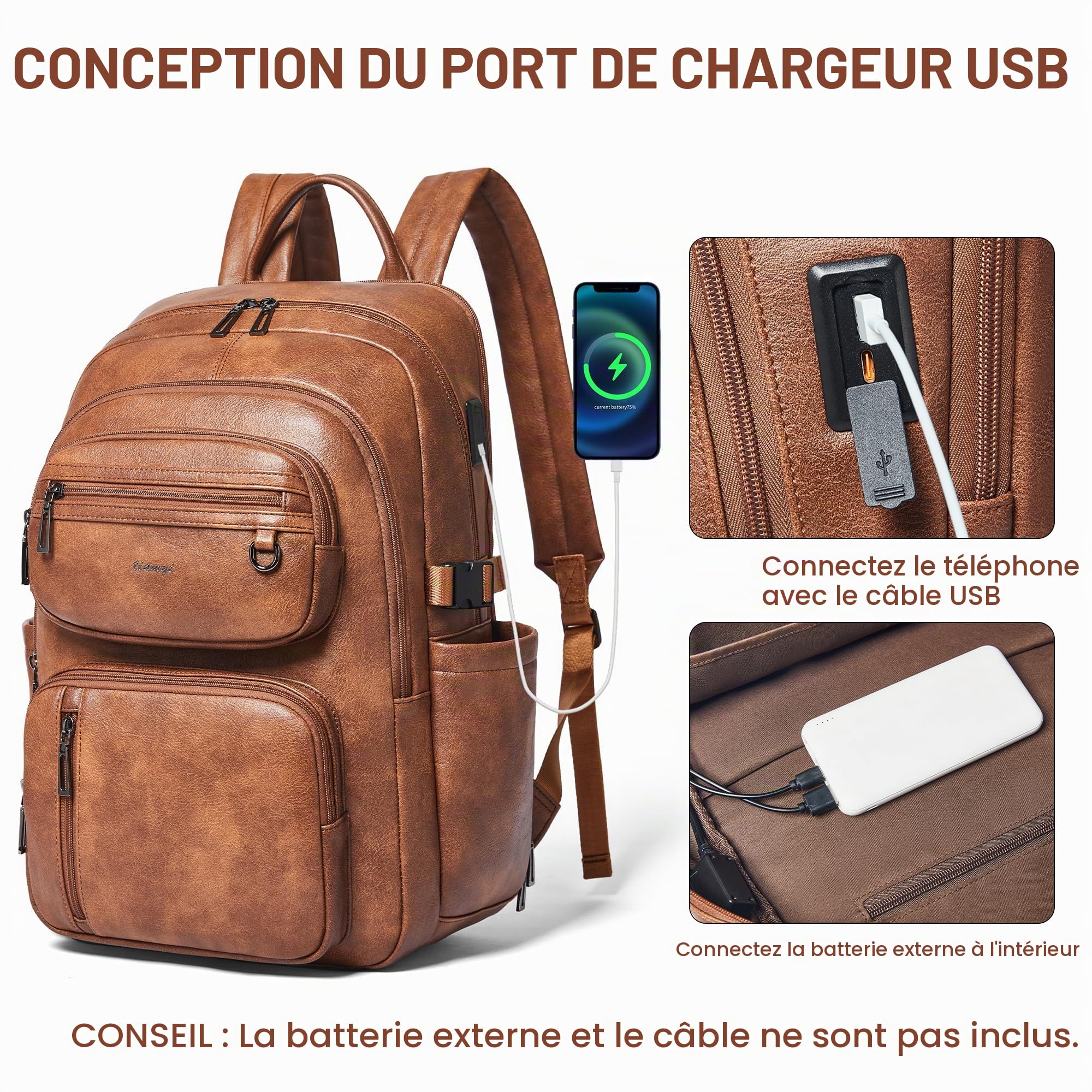 Sac à Dos en Cuir Végan Homme et Femme, Compatible avec Ordinateur 17 Pouces, Sac à Dos de Voyage Cabine avec Sangle Valise, Design Élégant, Brown