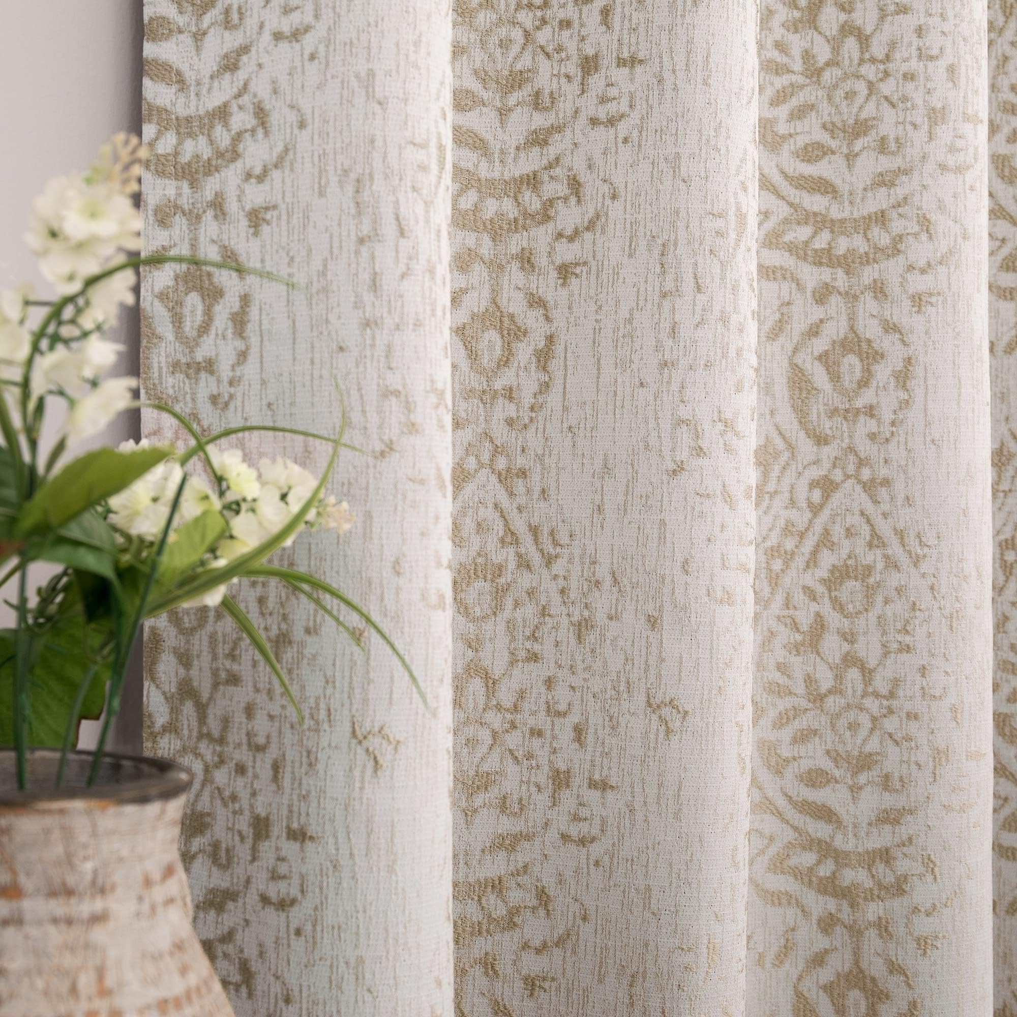 Mrs.Naturall Tan Paisley Curtains for Bedroom 96 Length 50% Blackout Boho Print Bas Relief Extra Long Tufted Curtains for Living Room,52x96 Inches Long