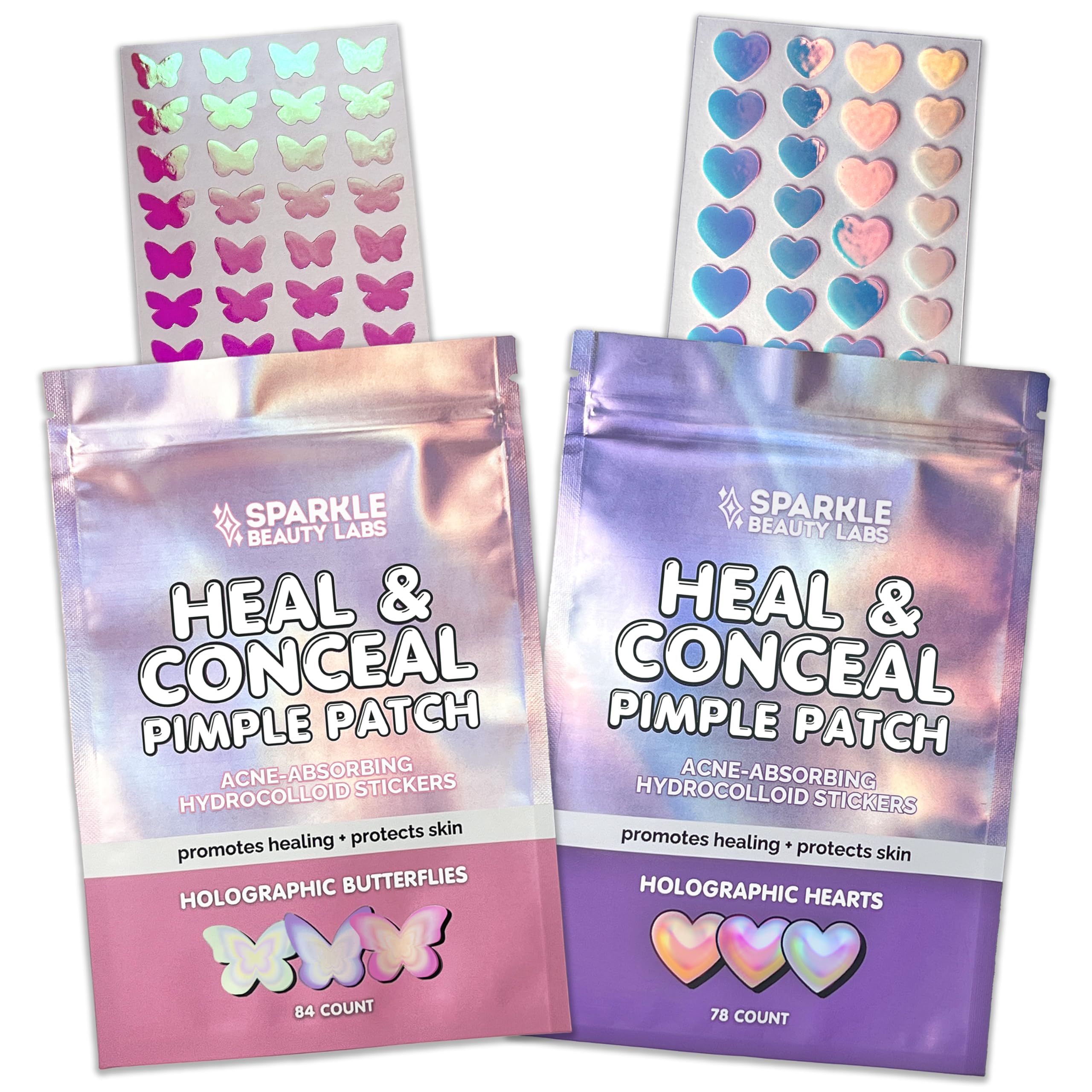 Heal Conceal Holographic Cute Pimple Patch Bundle 162 Count Iridescent Heart Butterfly Shaped Hydrocolloid Acne Patches For Face