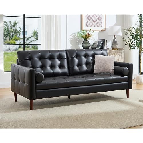 AMERLIFE Leather Sofa, Modern Genuine Leather Sofa, 3 Seater Comfy Couch | Genuine Top Grain Leather, Mid Century Modern Sofa for Home Office & Living Room-Black