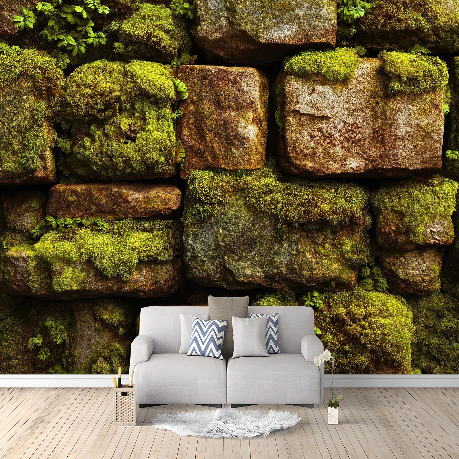 Générique Panoramiczna tapeta 200 x 140 cm nowoczesny kamień ściana mech zioła aromatyczne - tapeta z efektem 3D gobelin ścienny z włókniny - dekoracja ścienna do salonu, sypialni i kuchni zielona