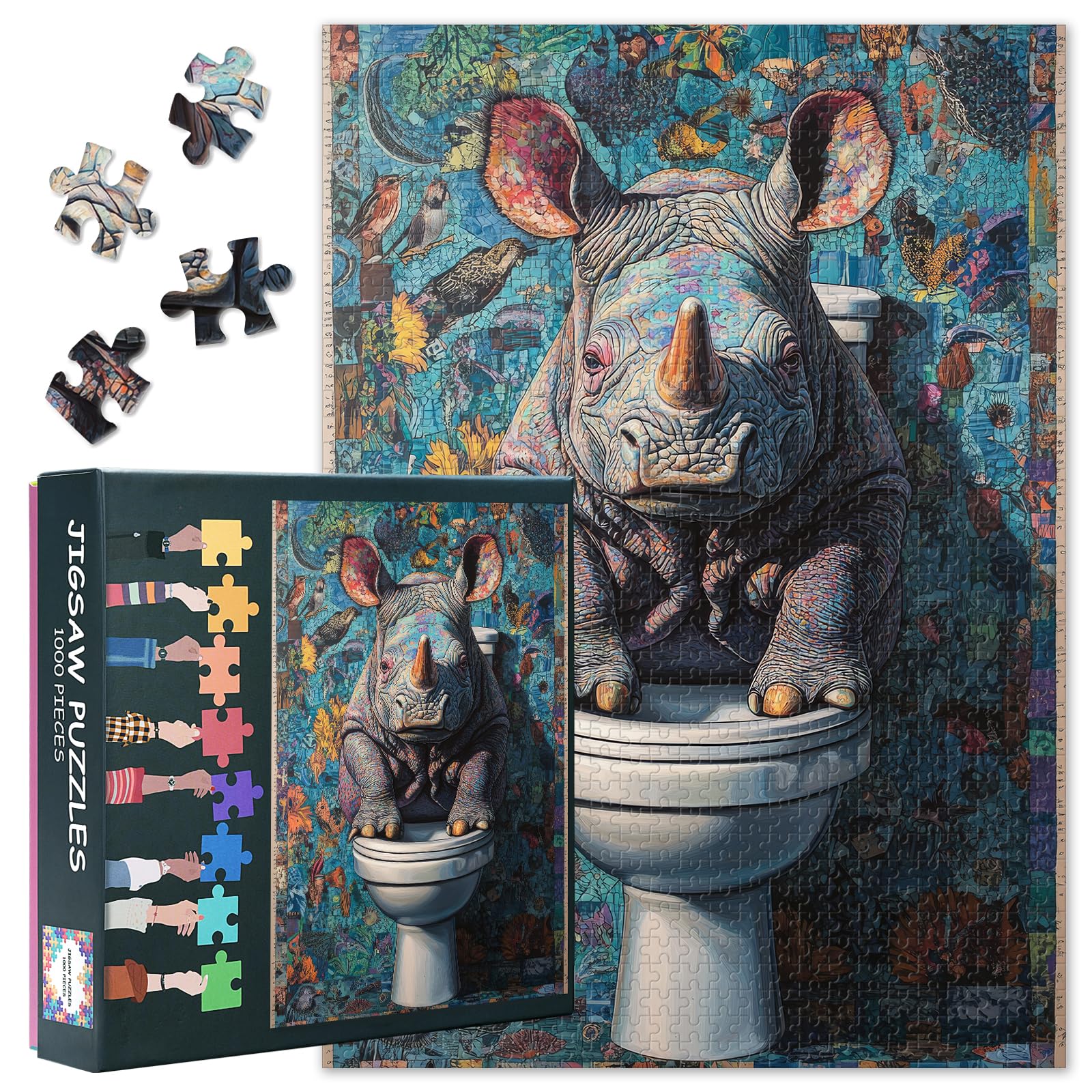 Adult Jigsaw Puzzles 1000 Pieces, Toilet Animal 1000 Piece Puzzle for Adults, Artwork Bathroom Rhino Jigsaw Puzzles 1000 Pieces, Games Challenging Puzzle Finished Size 50x70cm