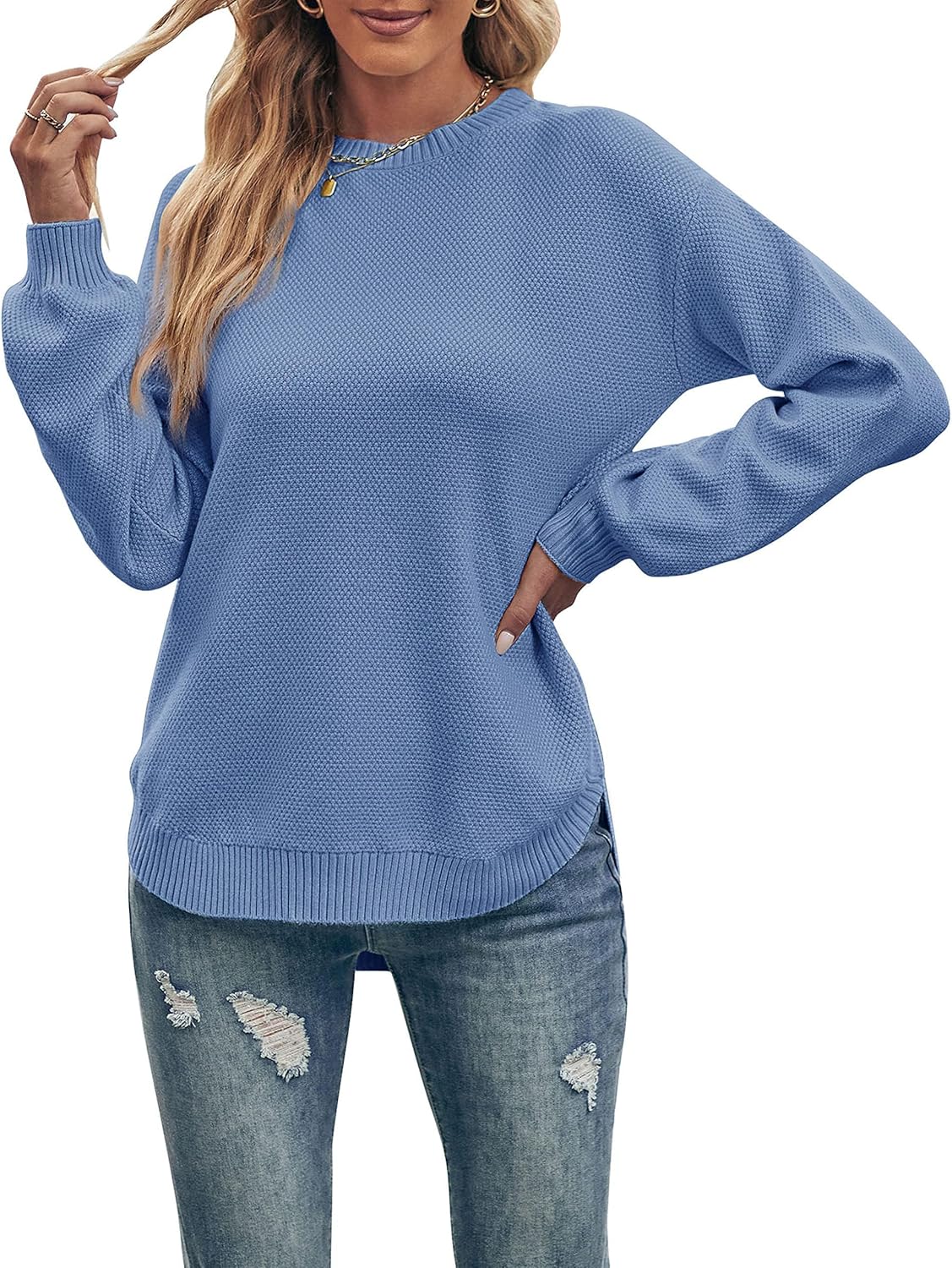 MEROKEETY Women's Fall Sweaters 2025 Cozy Knit Sweater Casual Loose Side Split Pullover Jumper Tops