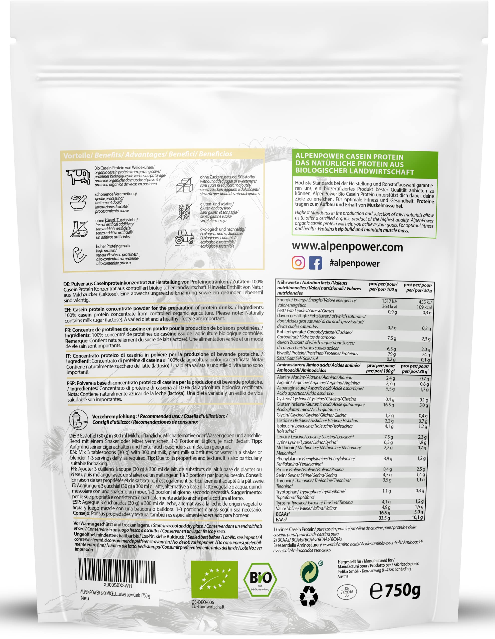 AlpenPower proteina caseina micellare biologica con BCAA e aminoacidi - 100% proteine della caseina in polvere senza additivi - a base del miglior latte d'alpeggio biologico - 750 g