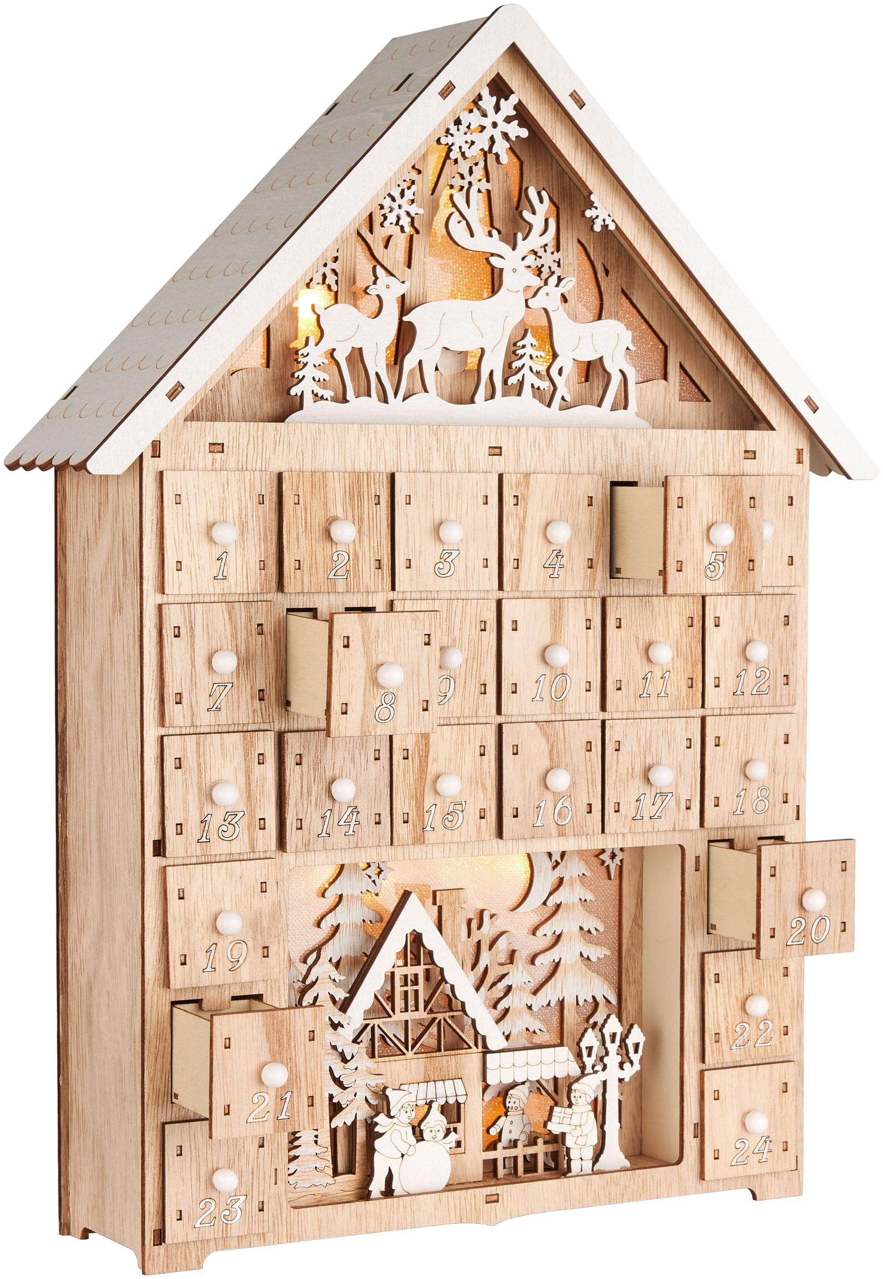 BRUBAKER Adventskalender zum Befüllen - Weihnachtshaus 2026 | Weihnachtskalender aus Holz mit LED Beleuchtung - Rentiere im Wald, Schnee Dorf mit Kindern - 40 cm Haus Kalender Beleuchtet