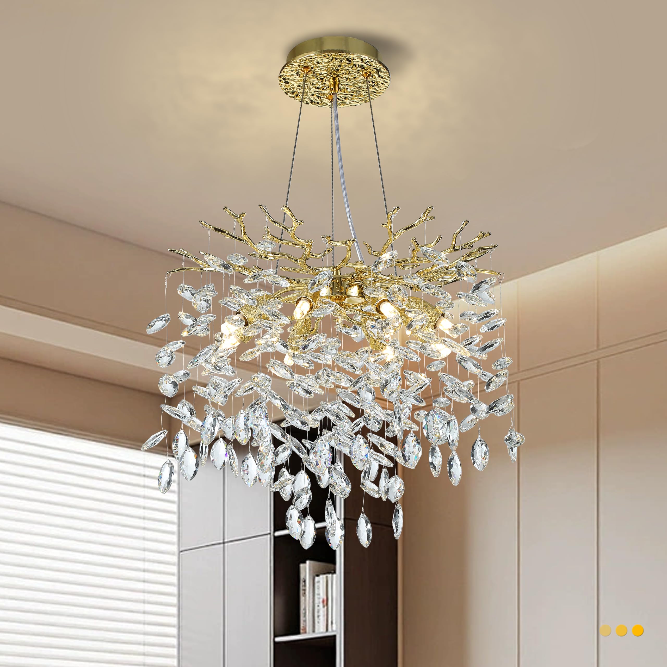KVTOEP Modern Crystal Tree Branches Chandelier, 18in Gold 6 Lights Large Ceiling Hanging Light for Dining Room, Round Raindrop Pendant Light Fixture