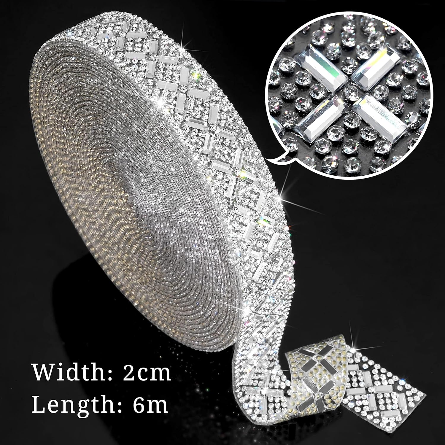 Locacrystal Rhinestone Strips, Self Adhesive & Iron On Bling Crystal Rhinestone Ribbon, Cut to Size Diamond Trim for DIY Craft Clothes Shoes Bags Phone case Furniture Car Decor(2cm×6m,Sliver/Clear)