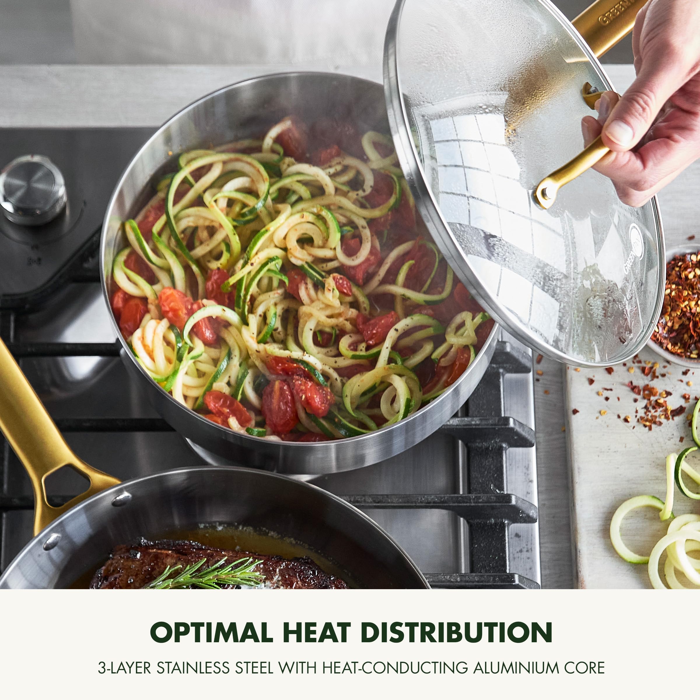 GreenPan Padova - Juego de 6 utensilios de cocina de acero inoxidable con tapa de cristal, ollas y olla sopera, 3 capas, apta para inducción, mango dorado de acero inoxidable, apto para horno hasta