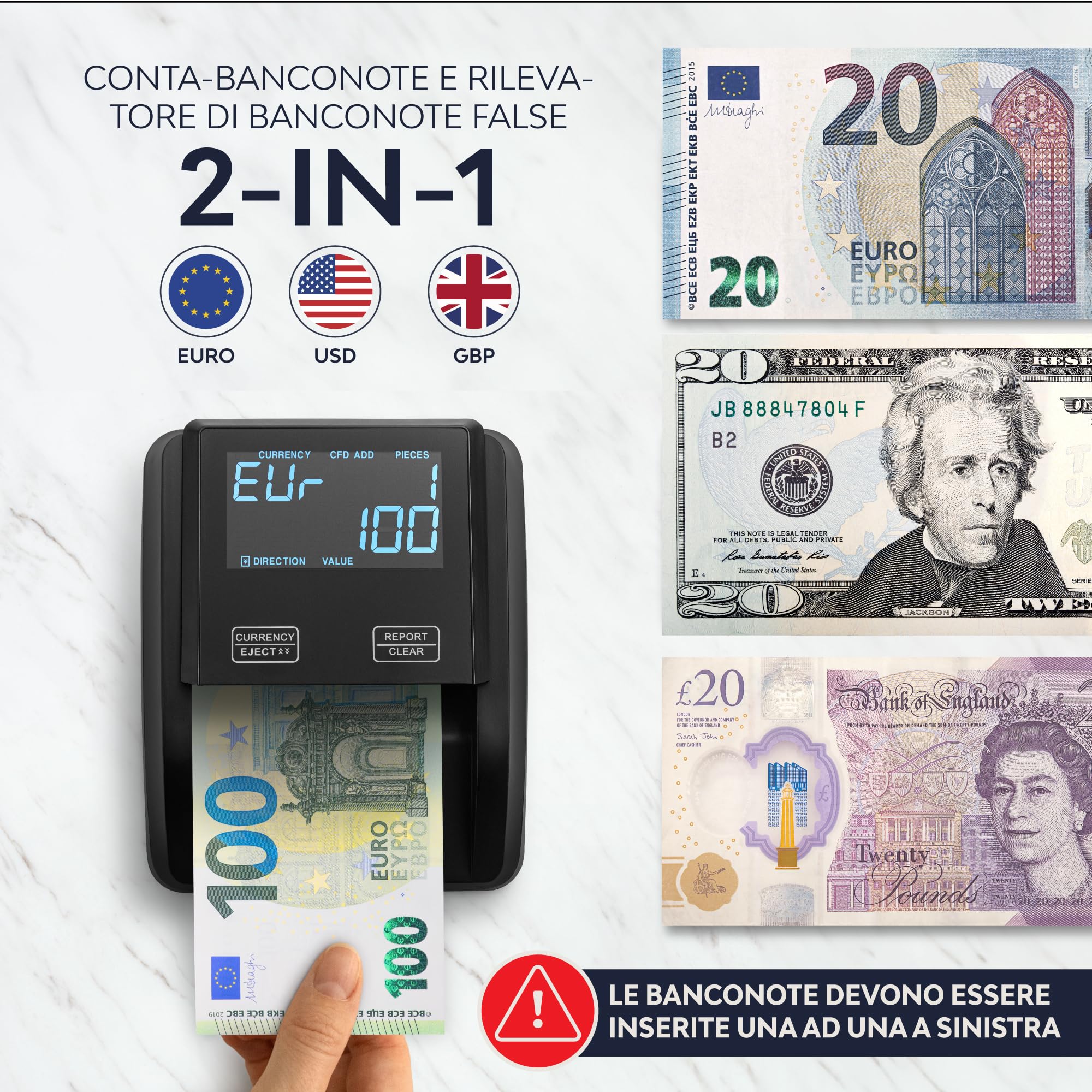 Rilevatore Banconote False e Conta Banconote con schermo tattile - per EUR, USD e GBP - Portatile Compatto e Leggero