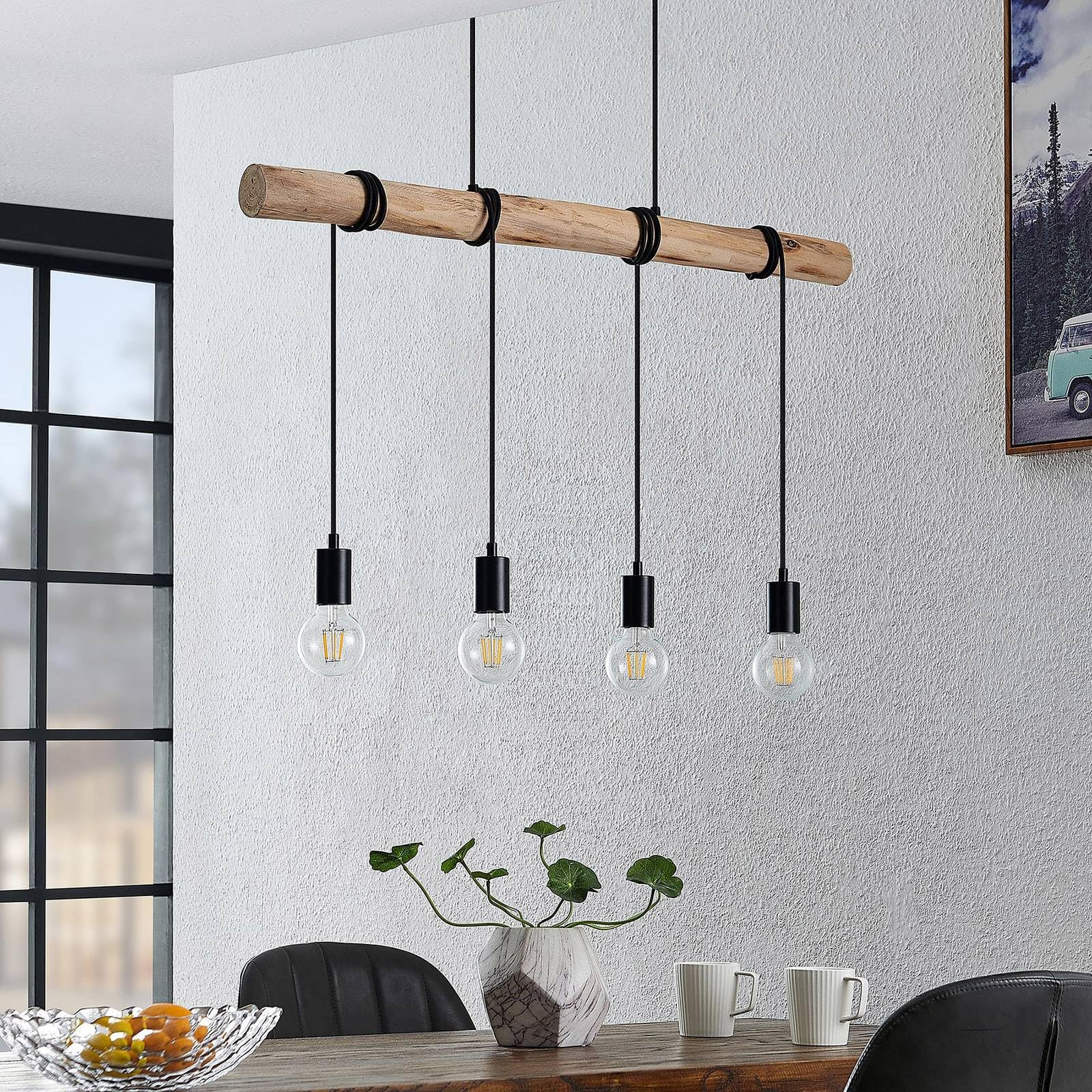 Lindby Pendelleuchte Ferris (Retro, Vintage Antik) aus Metall (4 flammig E27) - Holz Hängeleuchte Esstischlampe Hängelampe Wohnzimmerleuchte