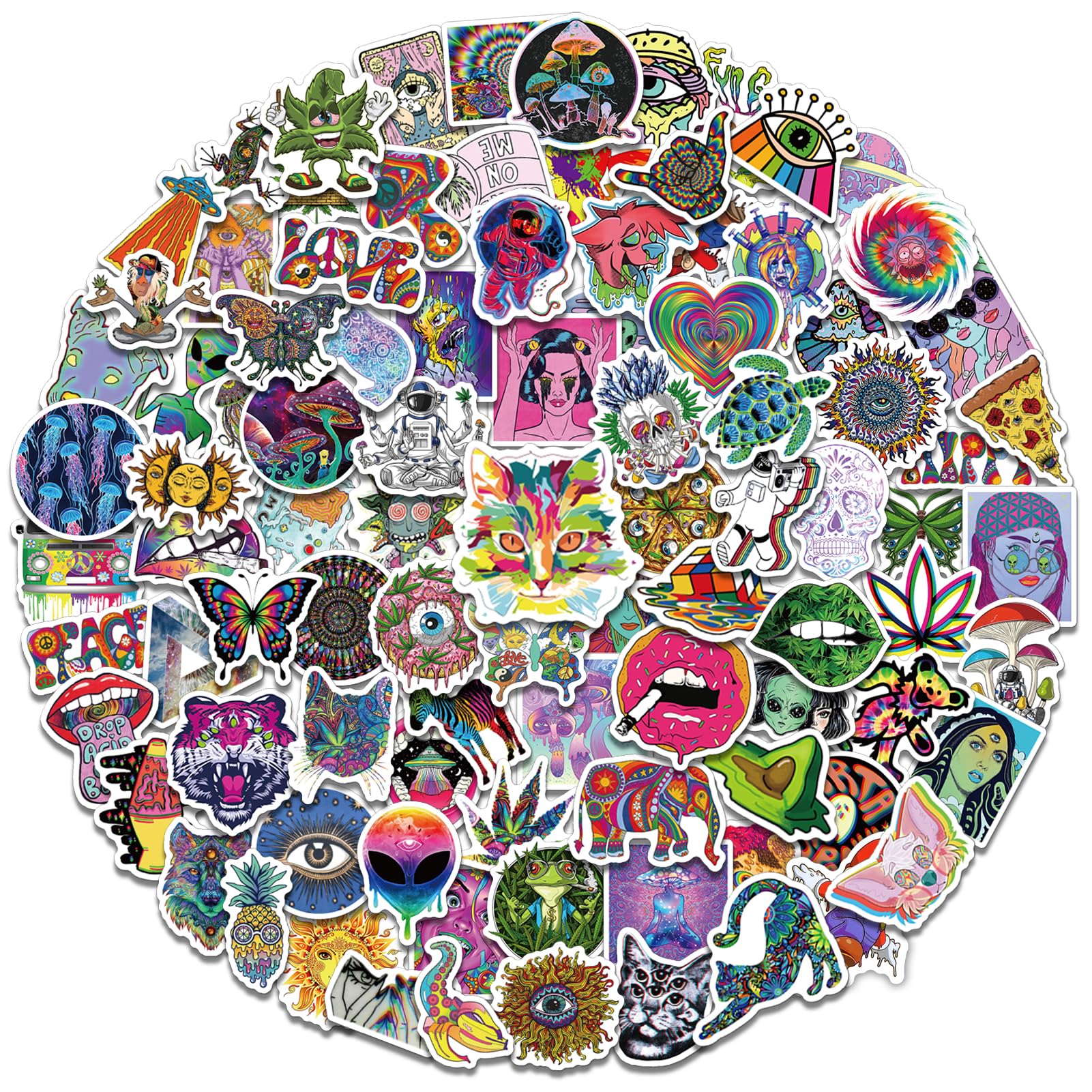 Trippy Stickers - 100pcs, Psychedelic Vinyl Waterproof Decals for Adults, Cool Hippie Decor for Laptops, Water Bottles, Skateboards, Cars