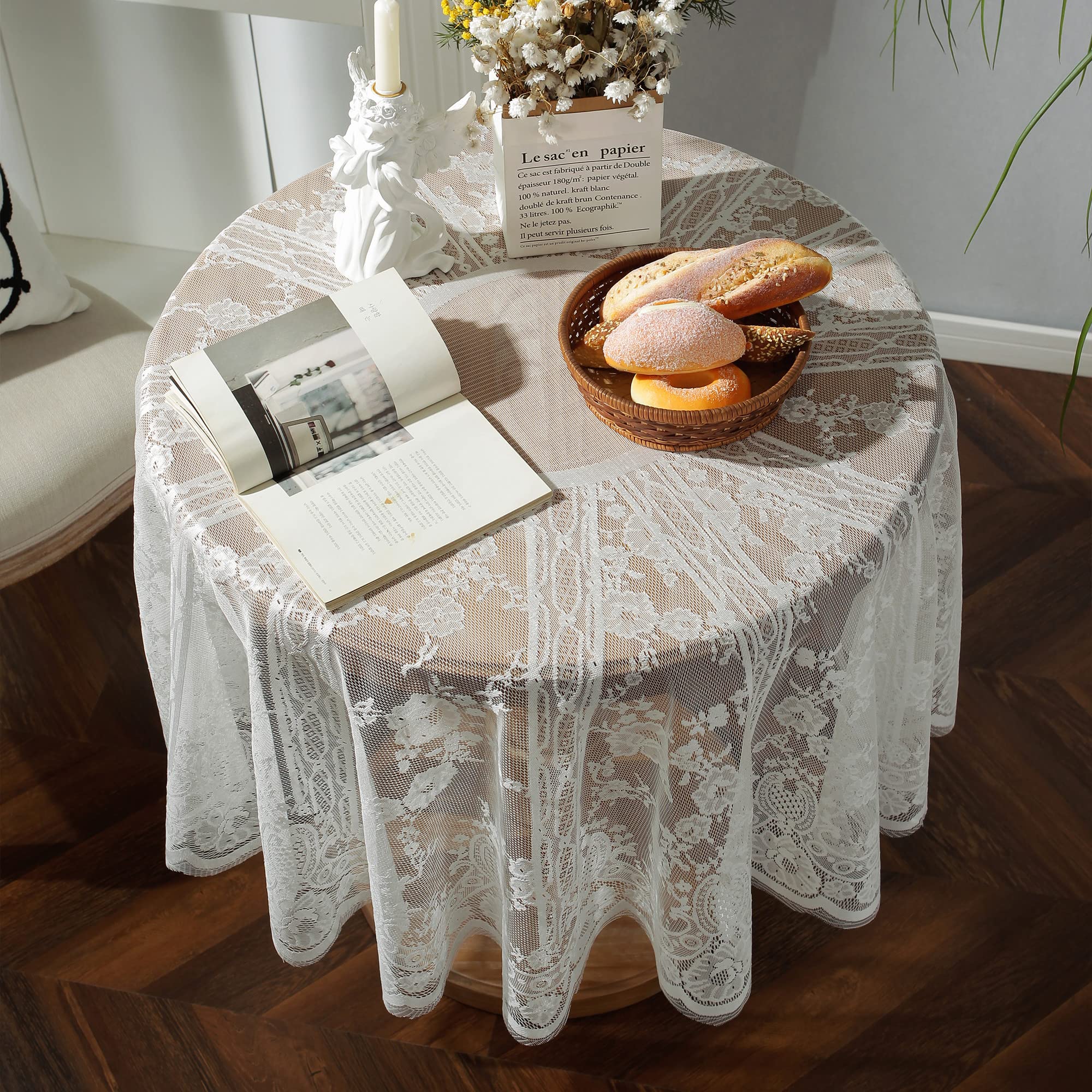Weiße Spitze Tischdecke Bestickt Elegante Florale Muster Tischtuch Runde Overlay Tischdecke für Hochzeit Party Urlaub Lange Abendessen Home Decor (Rund-190CM/75, Weiß)