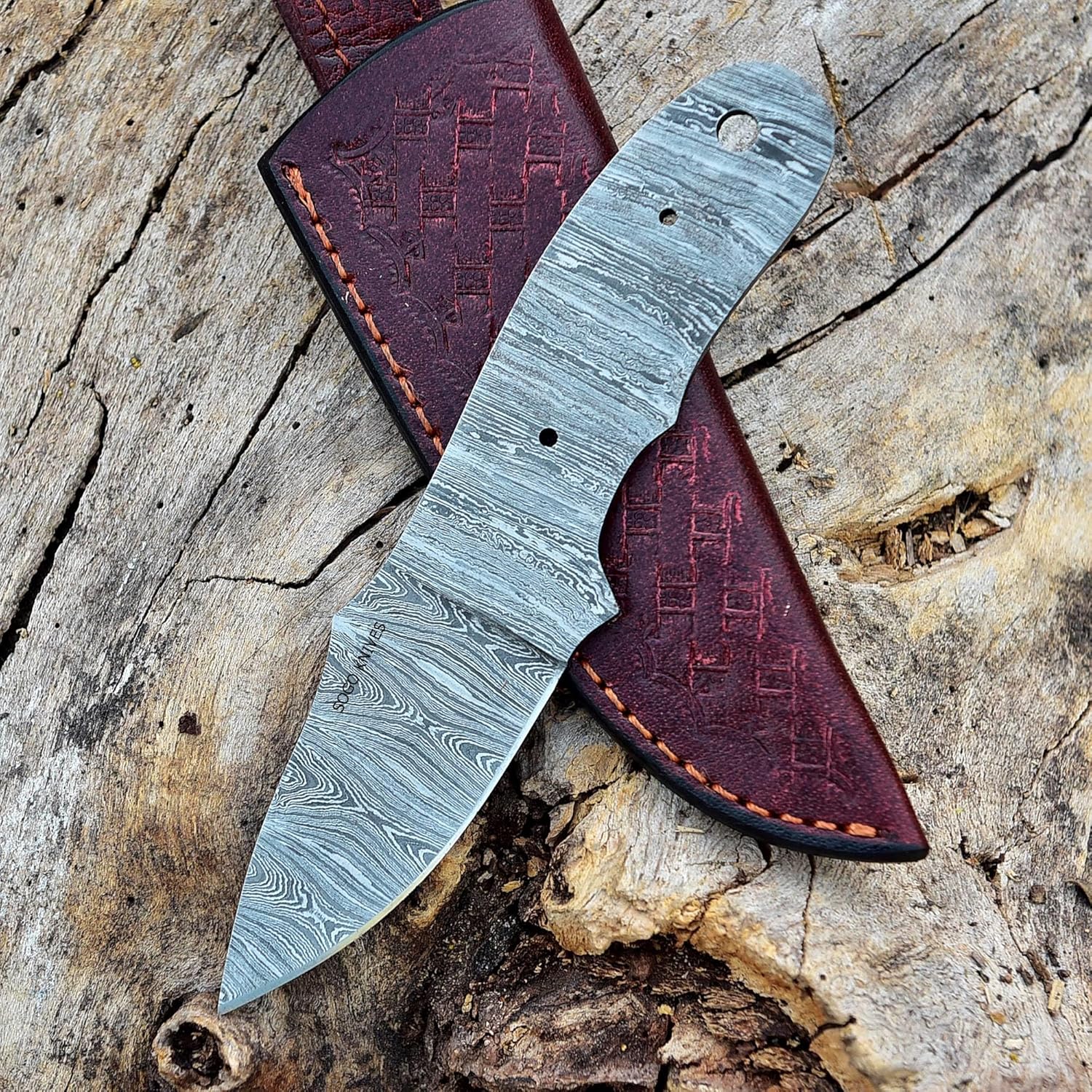 7'' Damascus Knife Making Kit DIY Handmade Knife Kit Includes Knife Blank Knife Steel Blade, Pins, Knife with Sheath, Handle Scales for Knife Making Supplies, Knife Steel