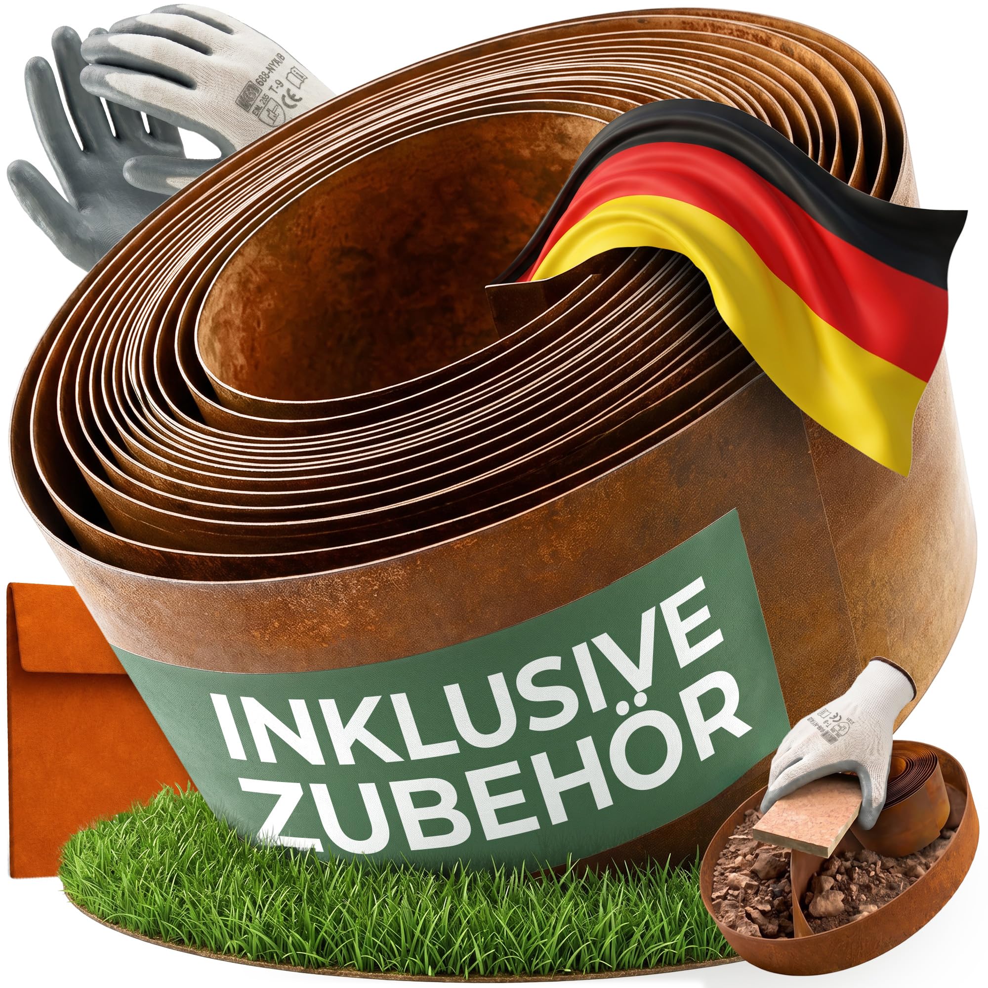 Cortenstahl Rasenkante 10 Meter | Cortenstahl Beeteinfassung 14 cm Höhe | Flexibles Design & Einfache Montage | Inkl. Handschuhe, Holzklotz, Verbinder & eBook mit Anleitung
