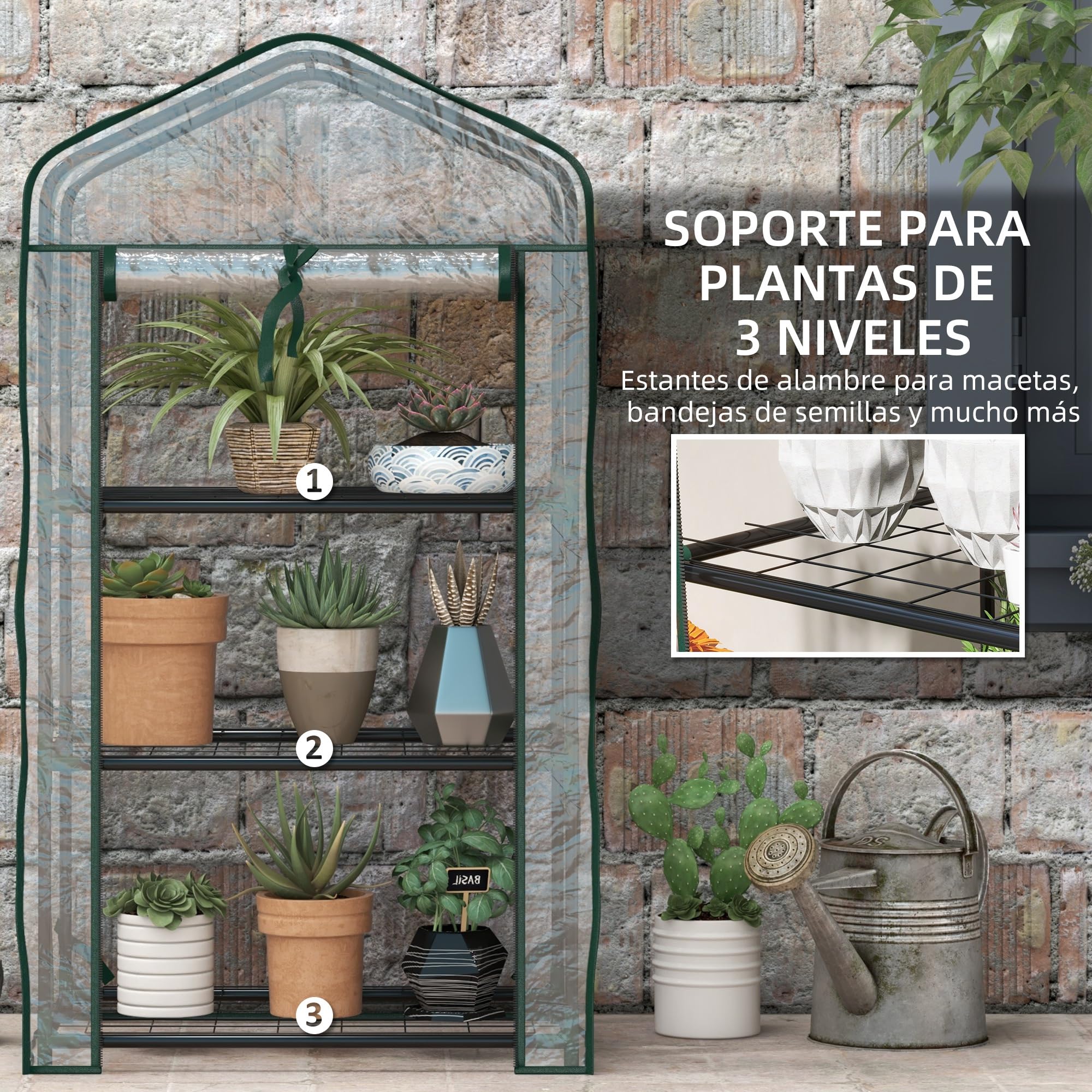 Outsunny Invernadero de Jardín de 3 Niveles Invernadero de Terraza con 3 Estantes Puerta con Cremallera Marco de Acero y Cubierta de PVC para Cultivo de Plantas Flores 59x39x127 cm Transparente