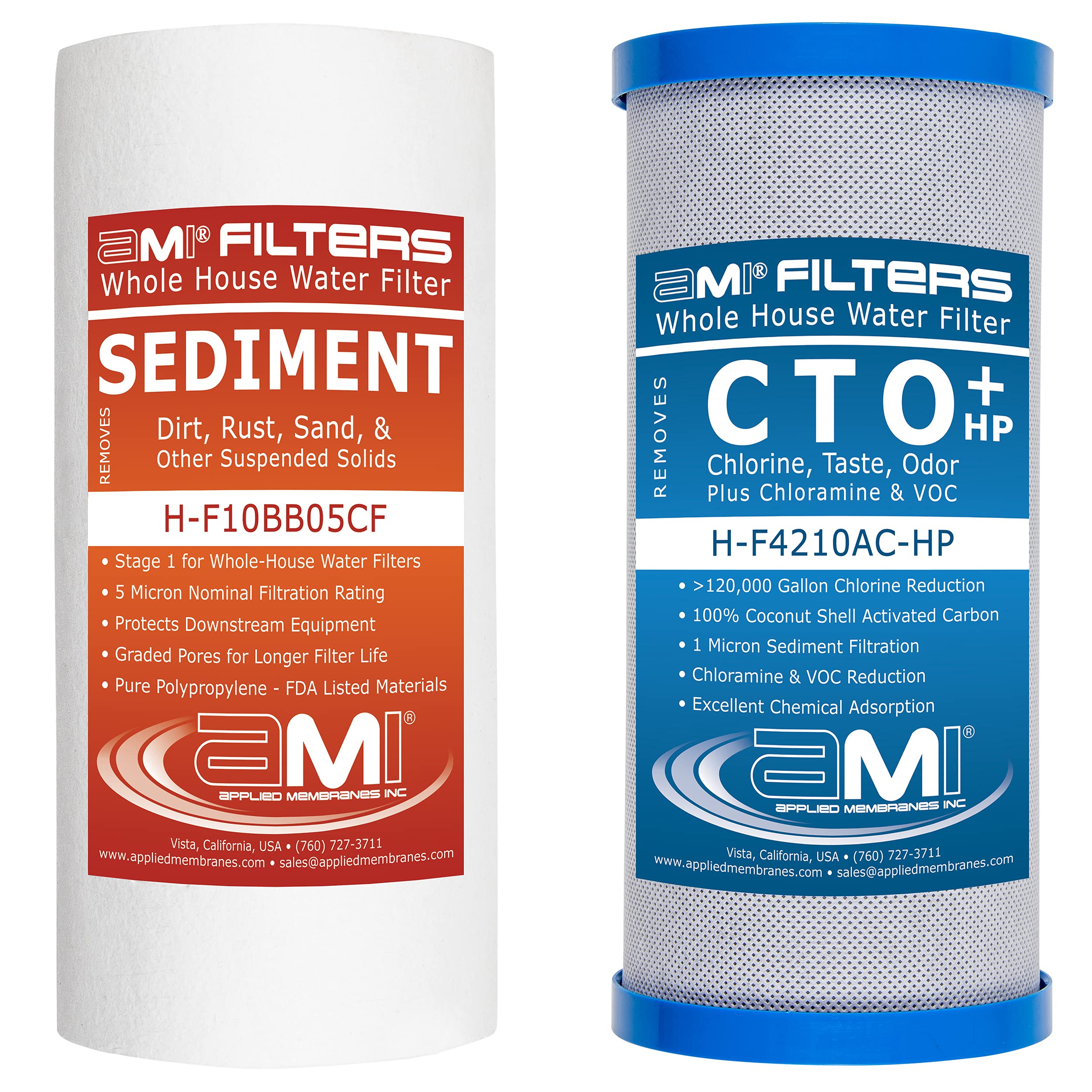 APPLIED MEMBRANES INC.Whole House Water Filter Replacement Filter Cartridge Set | 2 Stage 4.5” x 10” Sediment and Carbon Block Filters | Fits 10-inch Housings