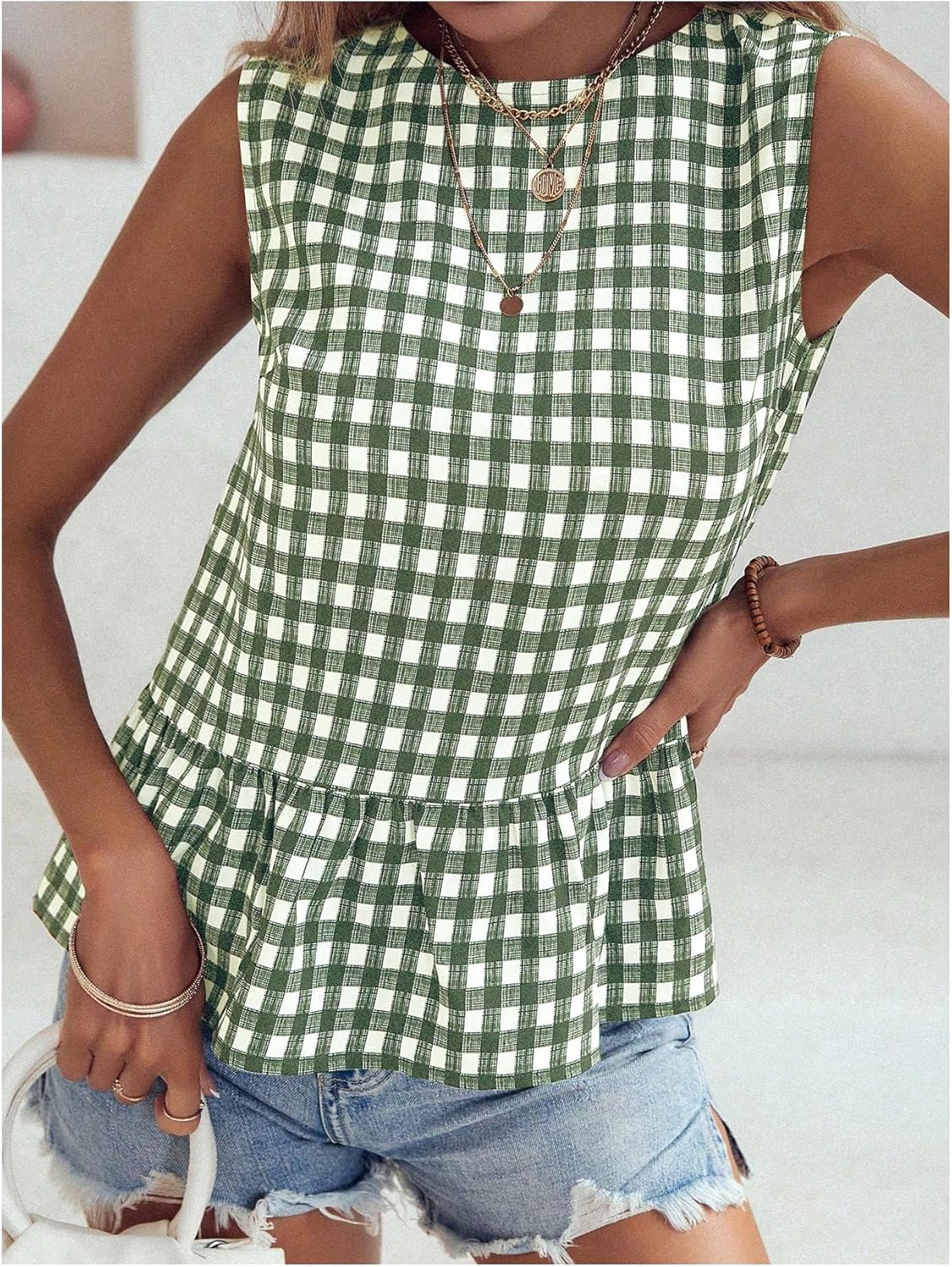 Floerns Women's Gingham Print Sleeveless Round Neck Ruffle Hem Peplum Blouse Top - Image 3