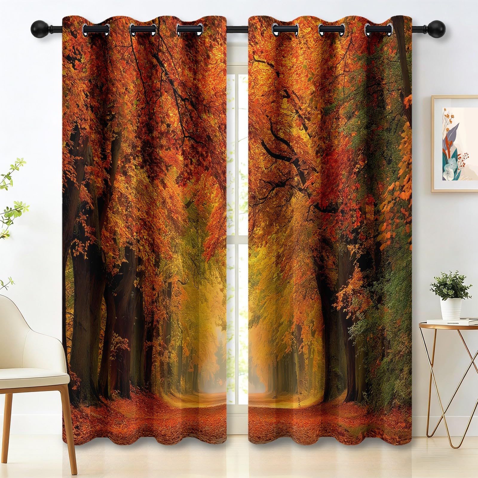 Bunt Blickdicht Vorhänge Wohnzimmer - Traditionell Herbst Landschaft Wald Laub Vorhänge mit Ösen Themovorhang Verdunkelungsvorhänge für Schlafzimmer Kinderzimmer, H215 x B110 cm 2er Set