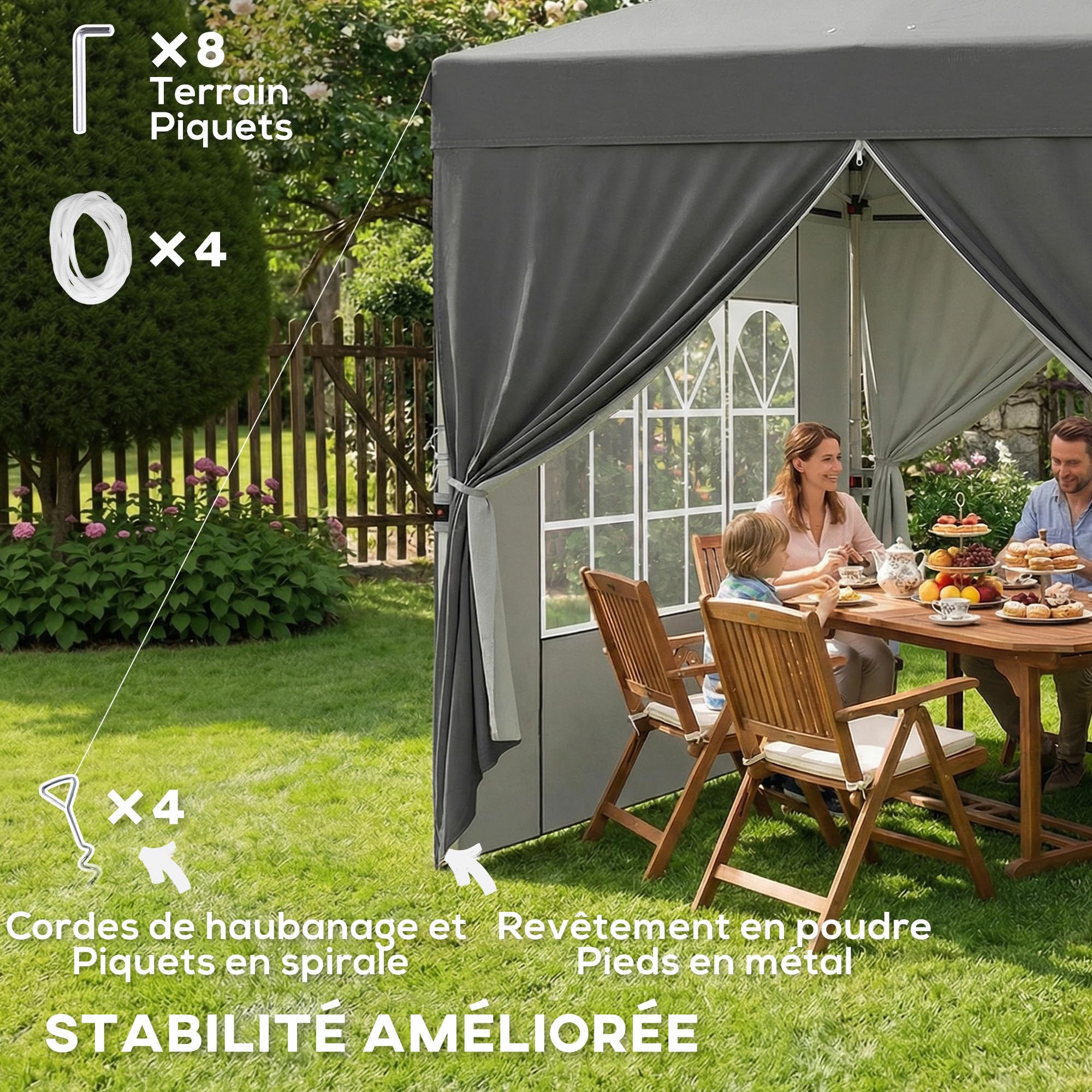 Outsunny Tonnelle de Jardin 2,5 x 2,5 m Pop up Tente Pliante réglable en Hauteur Protection UV50+ tonnelle Pliante avec 4 parois latérales Sac de Transport Montage Facile Gris foncé