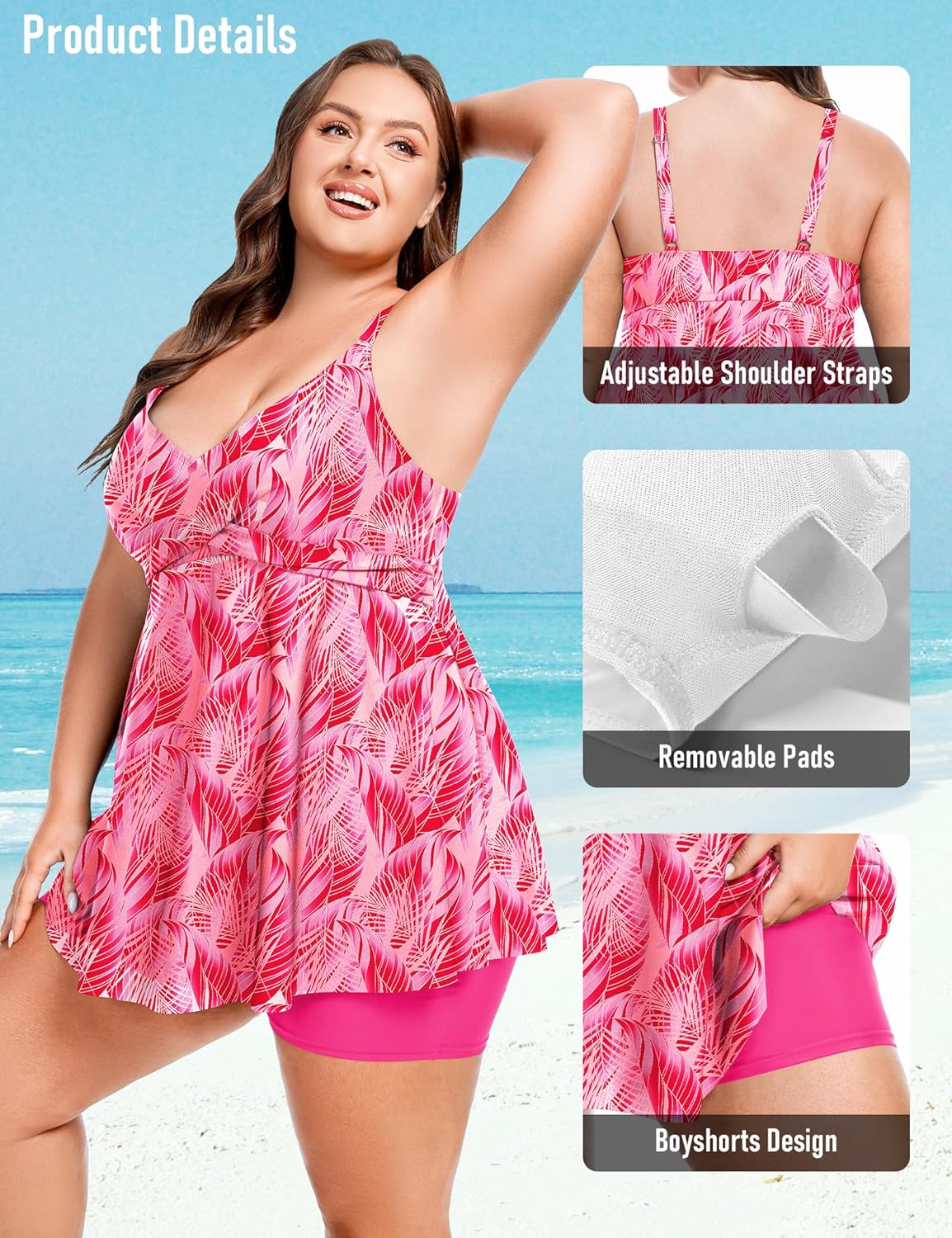 FOREYOND Plus Size Swimsuits for Women 2 Piece Flowy Tankini Bathing Swim Suits Swim Tank Tops with Boy Shorts Swimwear - Image 4