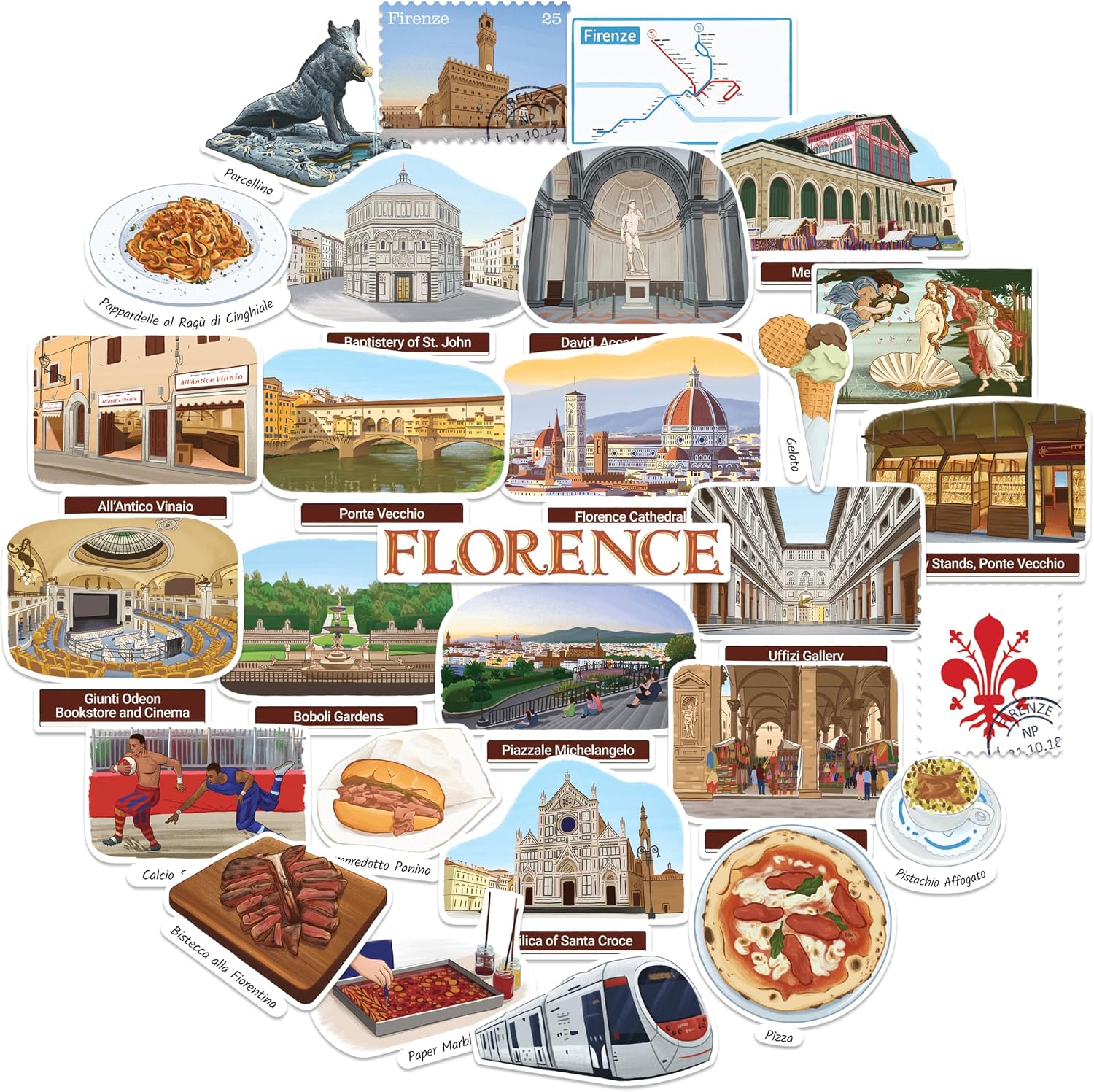 Navy Peony Fascinating Florence Travel Stickers - Hand-Painted Gouache, Matte, Die-Cut - for Journals, Scrapbooks (28 Pcs)