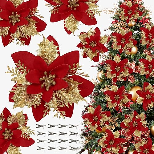 16 PCS Poinsettia Flower Artificial Poinsettia Christmas Decorations Glitter Poinsettias Christmas Ornaments Christmas Tree Flower Decorations with Clips DIY Xmas Wreath Holiday Weed Home Party Decor