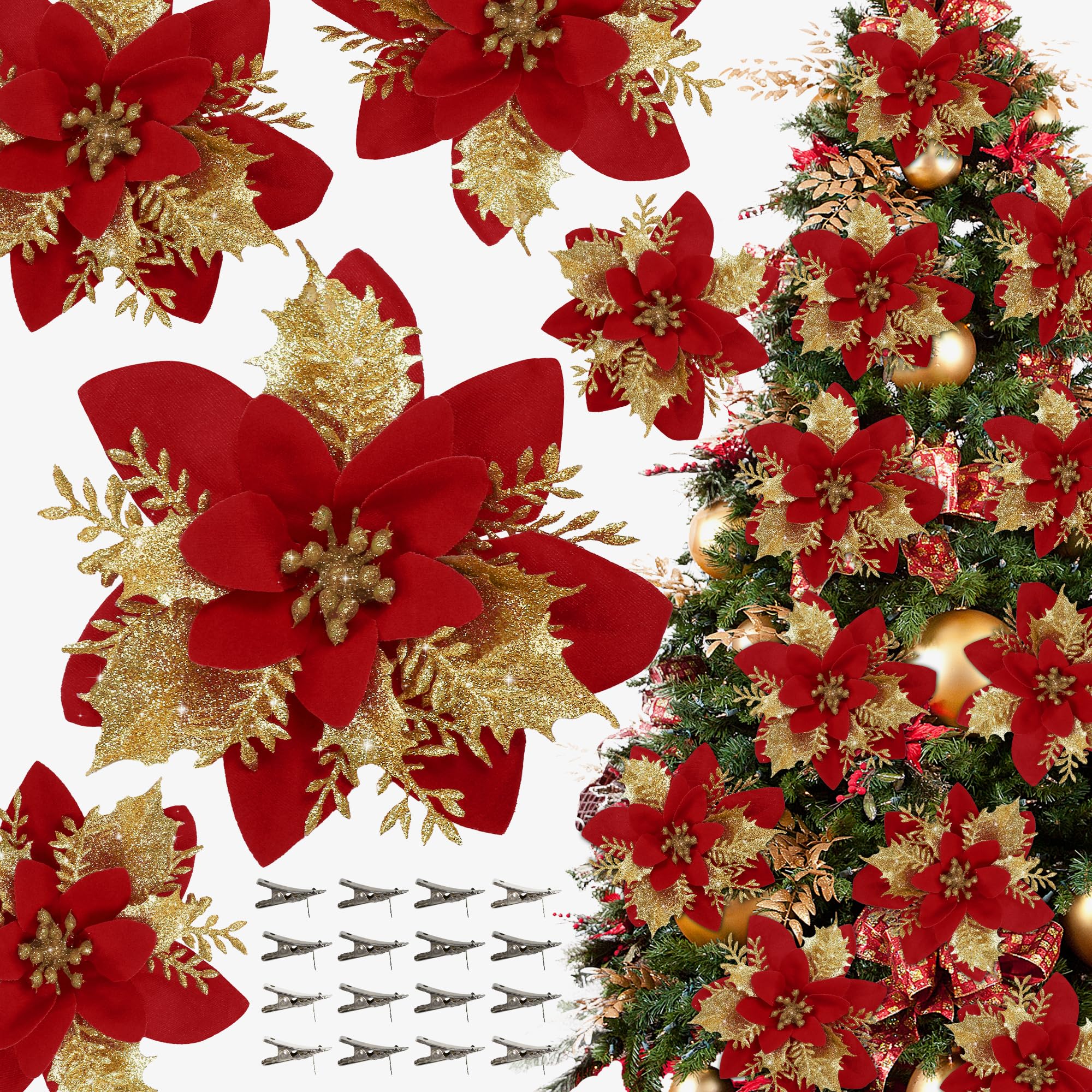16 PCS Poinsettia Flower Artificial Poinsettia Christmas Decorations Glitter Poinsettias Christmas Ornaments Christmas Tree Flower Decorations with Clips DIY Xmas Wreath Holiday Weed Home Party Decor