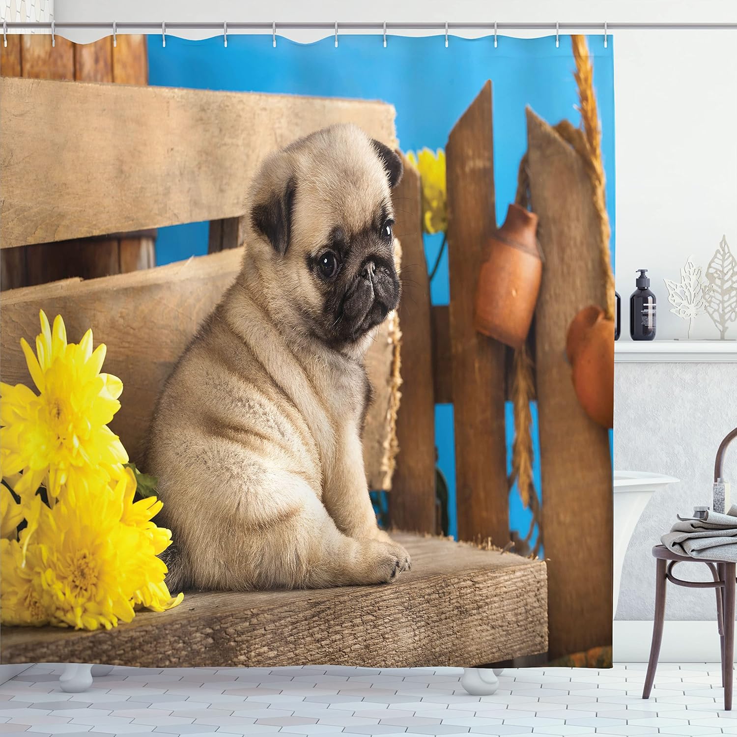 Ambesonne Pug Shower Curtain, Adorable Puppy Photography with Sad Dog and Wildflowers on a Park Bench, Fabric Bathroom Decor Set with Hooks, 69" W x 75" L, Pale Brown Yellow Blue