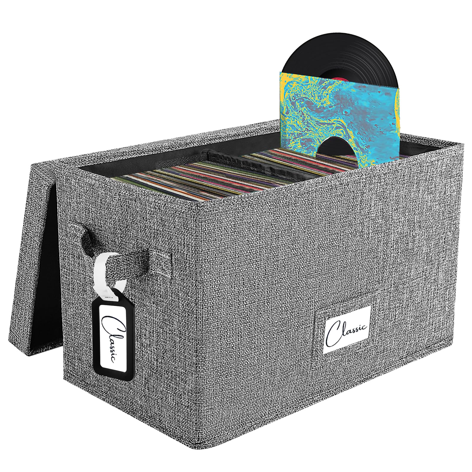 Woodoulogy Vinyl Record Storage Box for 7"/45 RPM LPs, Grey Case with Lid Holds up to 80 Albums