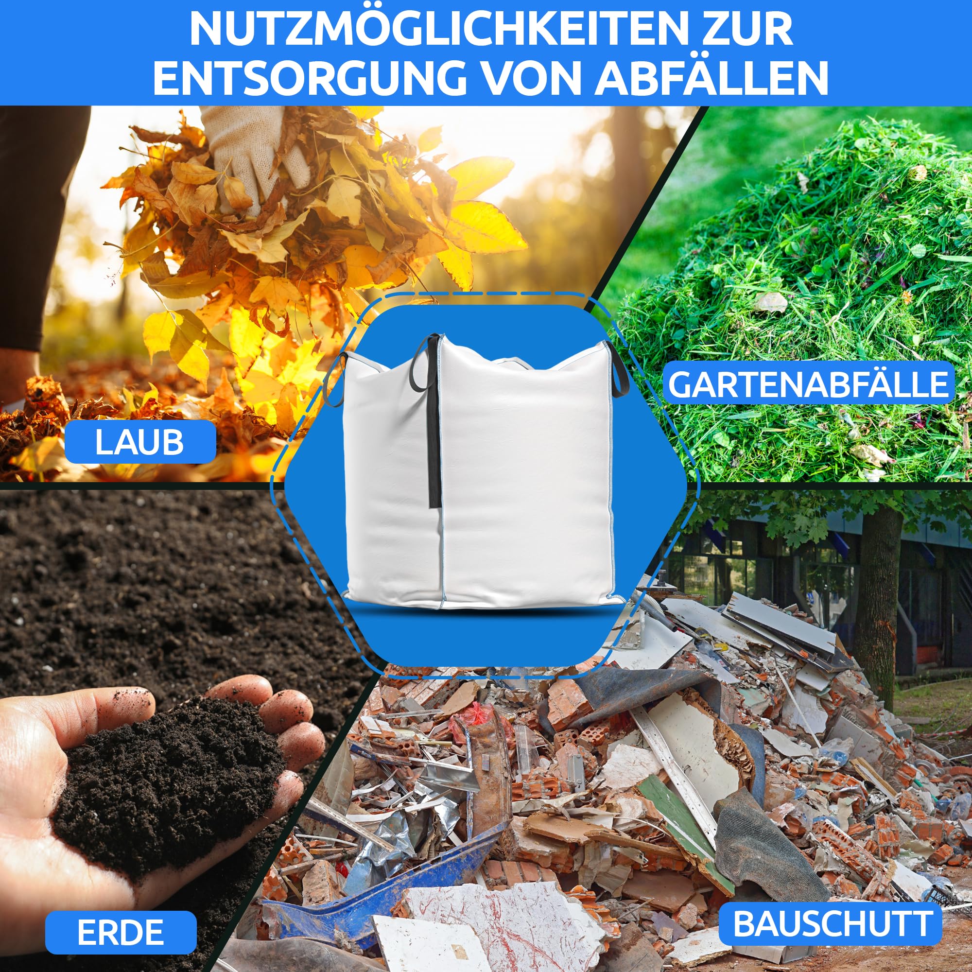 NTG Big Bag, 4 passanti, capacità di carico di 1000 kg, 90 x 90 x 90 cm, impermeabile, protezione dai raggi UV, sacco per rifiuti da giardino, sacco per foglie, 10 pezzi