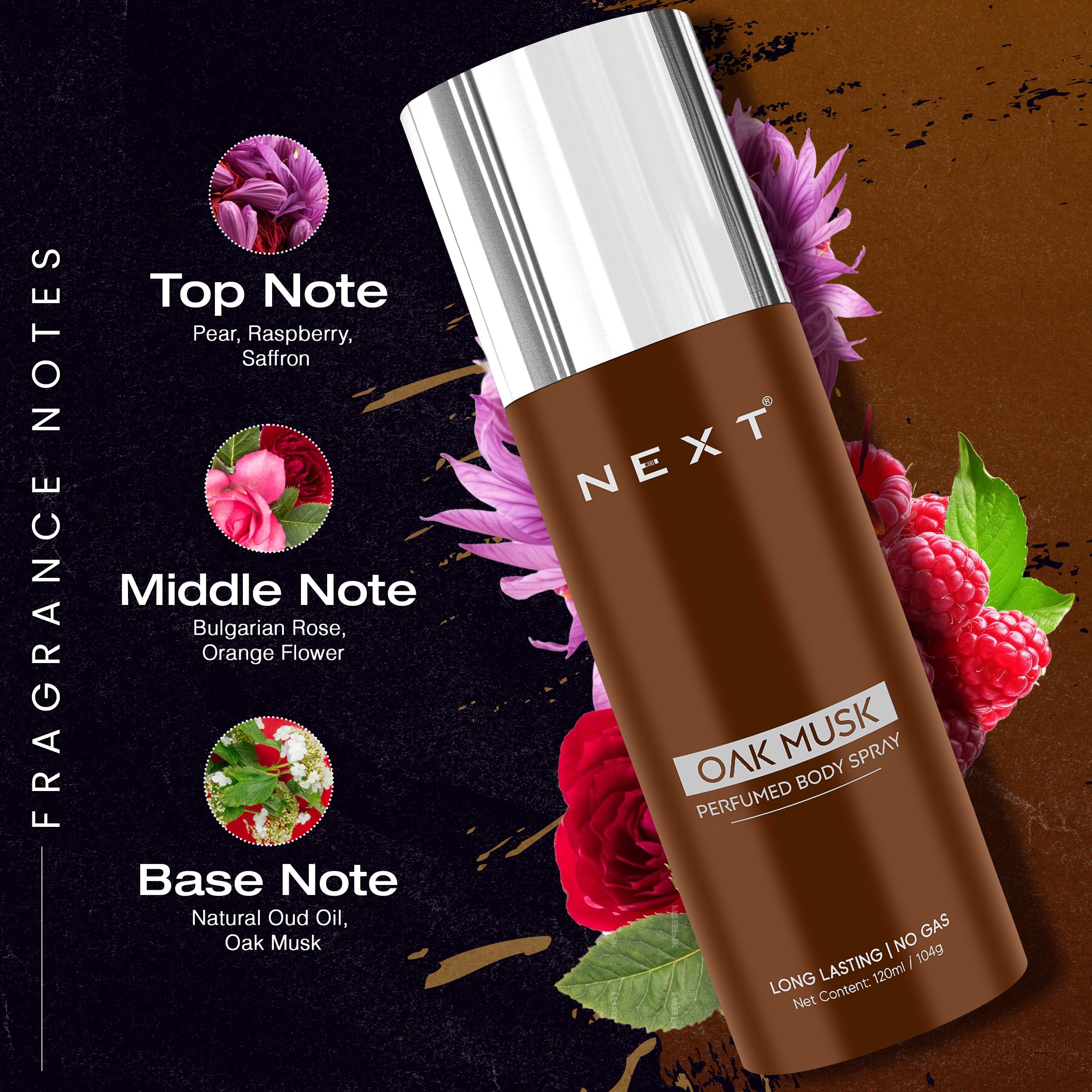 Next Care Oak Musk No Gas Perfumed Body Spray for Men & Women | Long-Lasting Deodorant | Woody Musk Fragrance | 120 ml 2