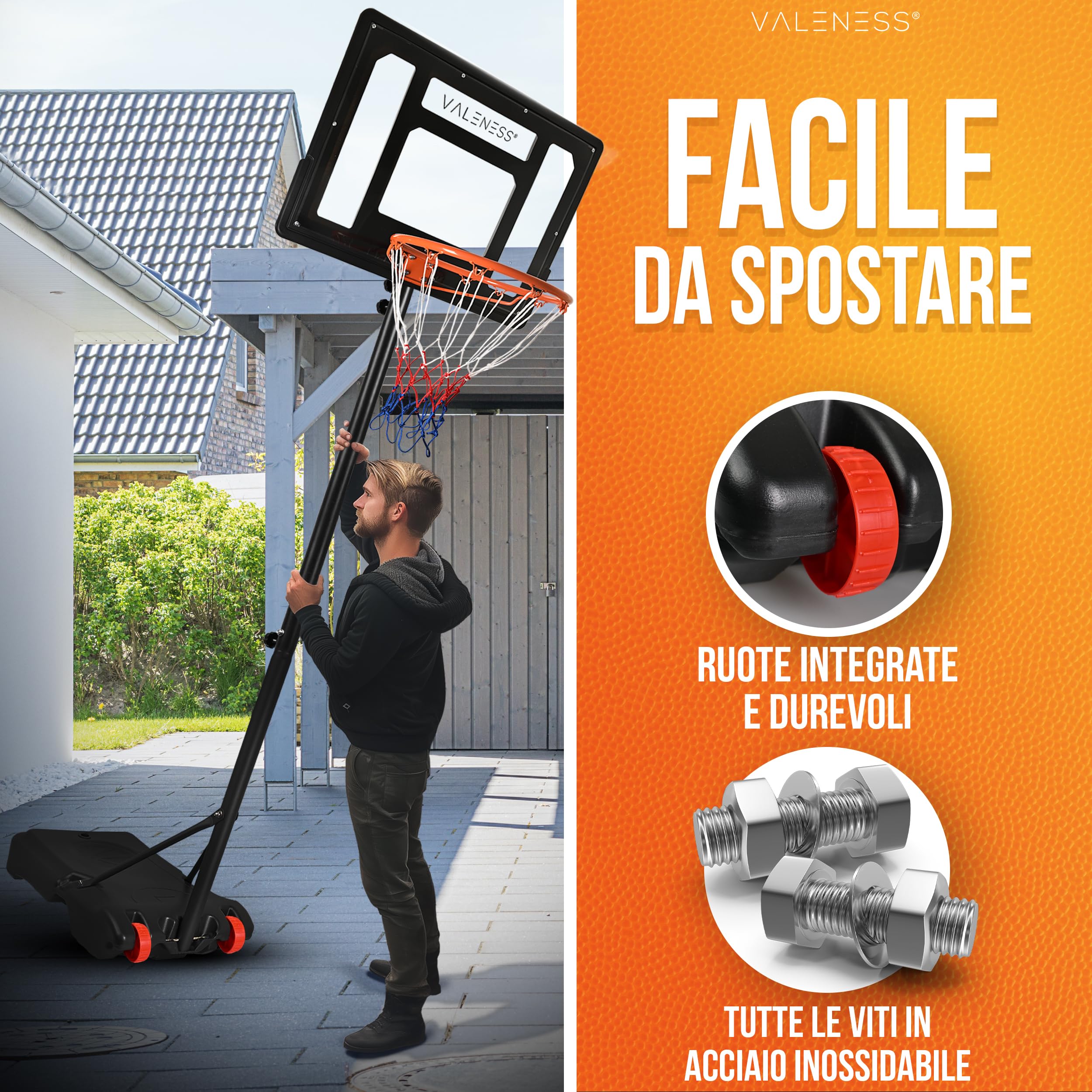 VALENESS® Canestro da basket da esterno – Supporto regolabile in altezza [135–305 cm] e resistente alle intemperie – Canestro professionale con pallone e pompa per bambini e adulti