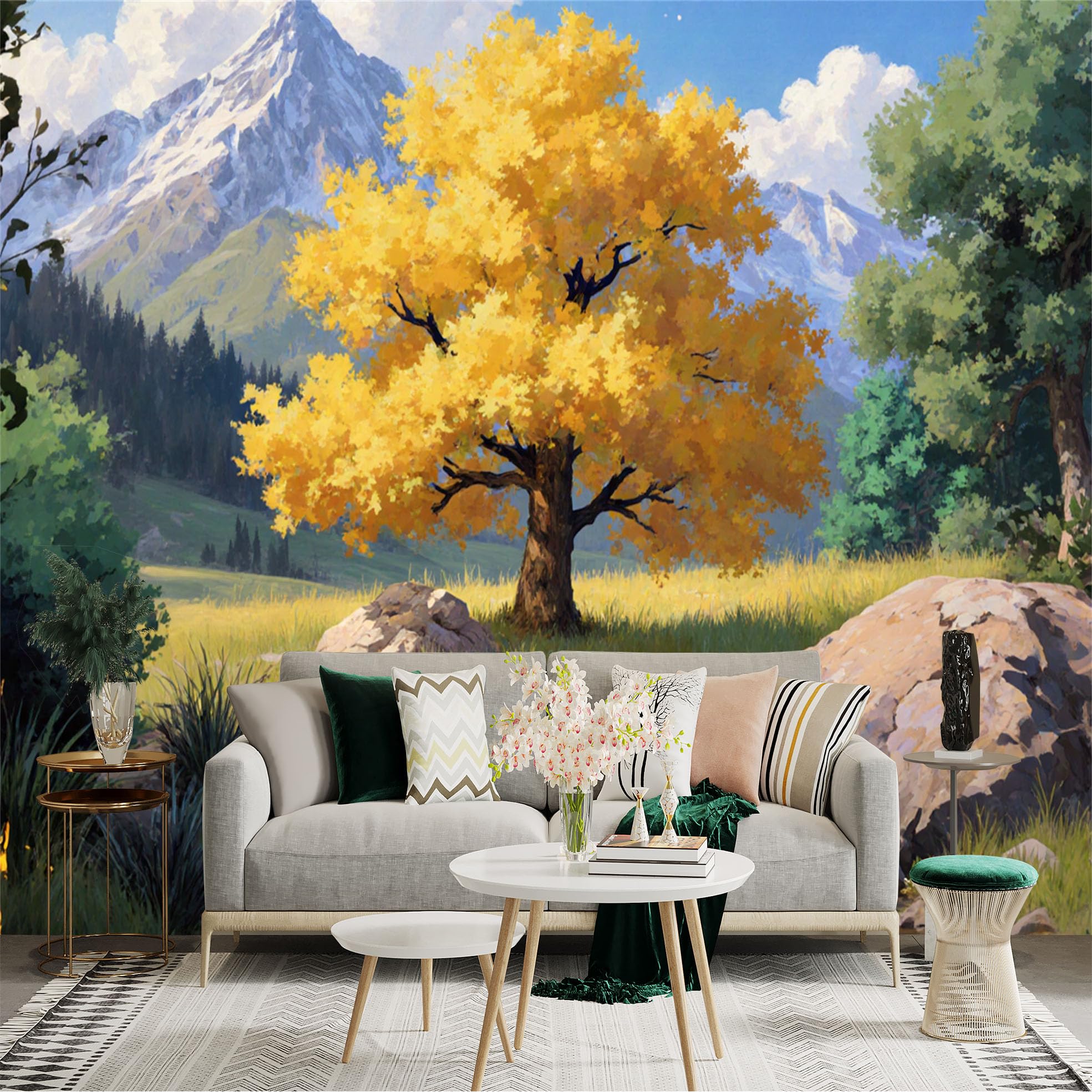 Custom Size Wall Sticker Mural， Golden Autumn Tree by Mountain Creek， Scenic Landscape View， Natural Sunlight Meadow， for wall Decoration， peelandstick wall Decals.