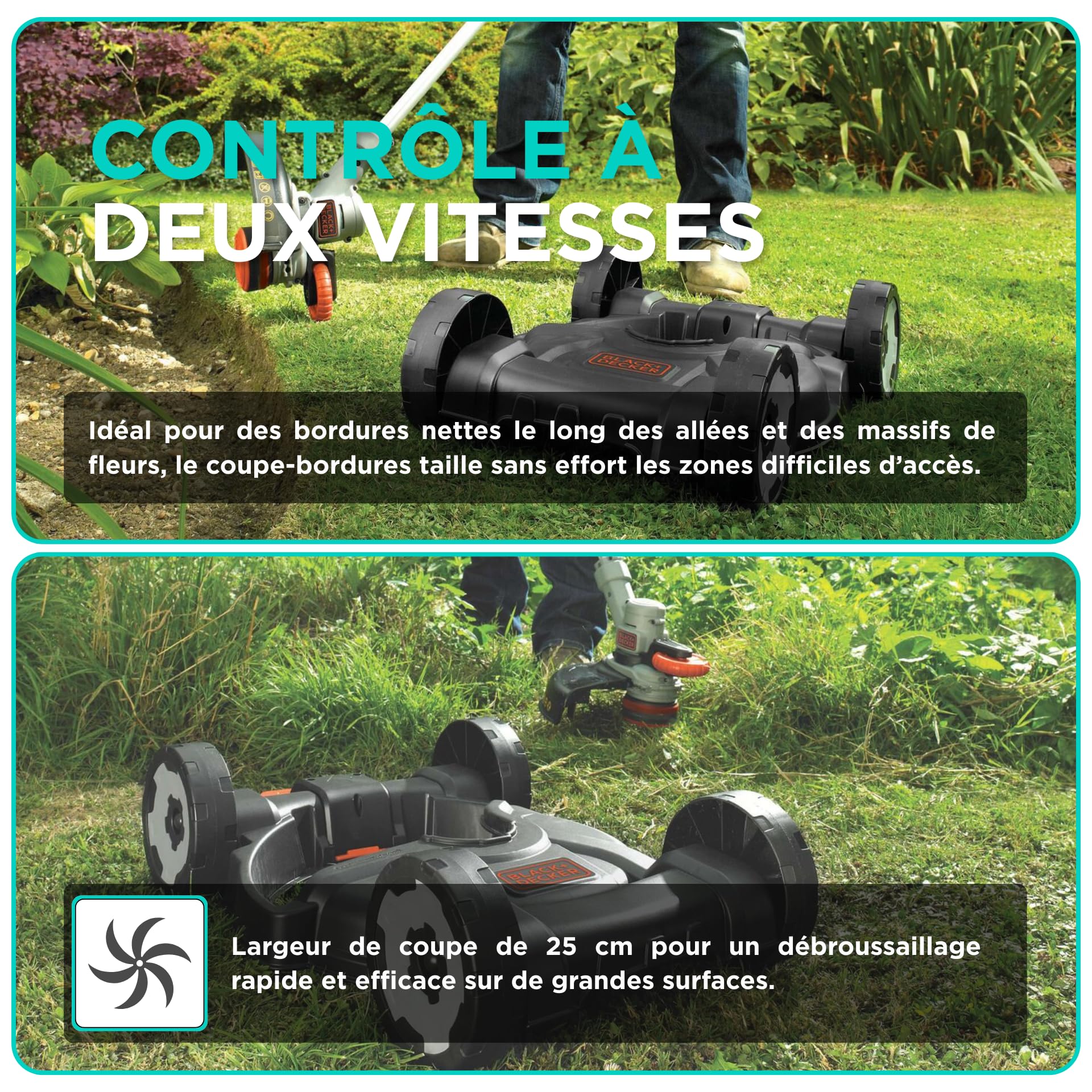 BLACK+DECKER Coupe-Bordures sans Fil 18V POWERCONNECT 3-en-1 – Coupe-Herbe, Dresse-Bordures & Tondeuse légère pour Petits Jardins – STC1820CM-QW