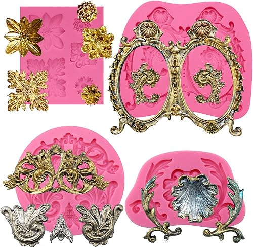 Funshowcase Medallón floral de acanto Flourish Scroll Lace Fondant Moldes de silicona para decoración de pasteles, proyectos de manualidades de