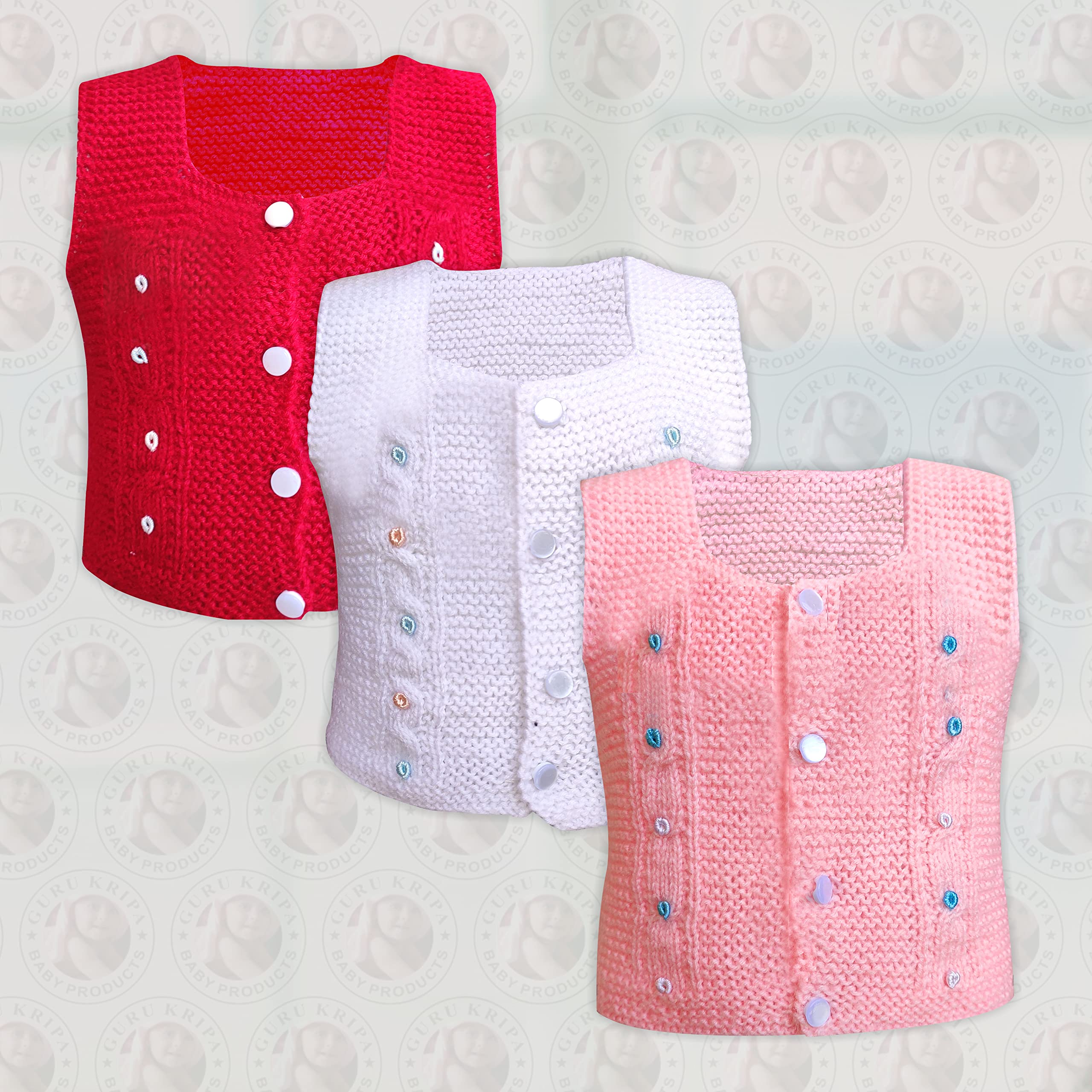 GURU KRIPA BABY PRODUCTS Newborn Baby Boys and Girls Woolen Knitted Square Neck Sweater Multi Colors Pack of 3 Pink 4