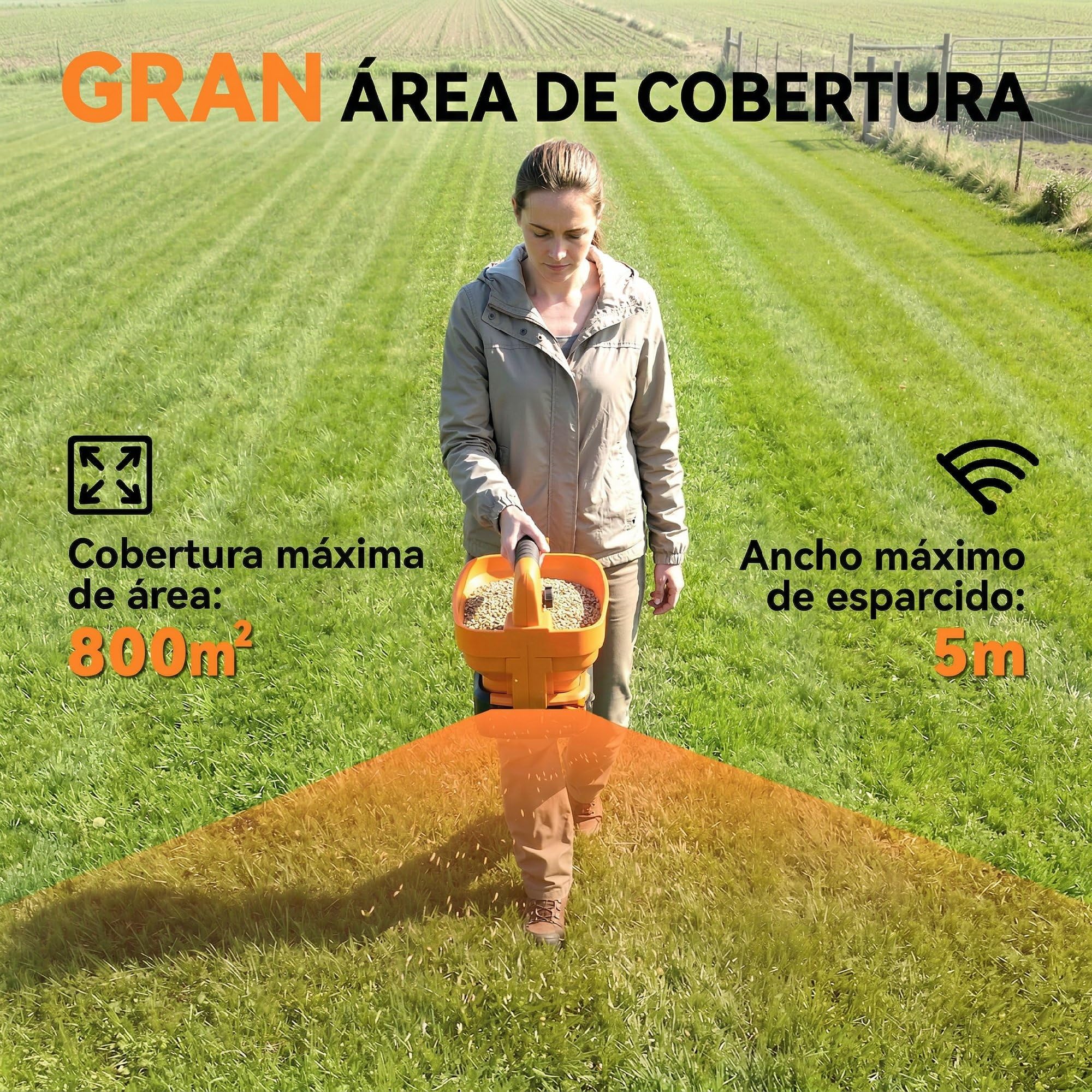 Outsunny Esparcidor Portátil 3,3 L, 8 Niveles de Flujo, Ancho de Proyección Regulable 3 Niveles, Puerto USB, Esparcidor de Semillas para Césped, Sal, Gravilla hasta 800 m², Naranja